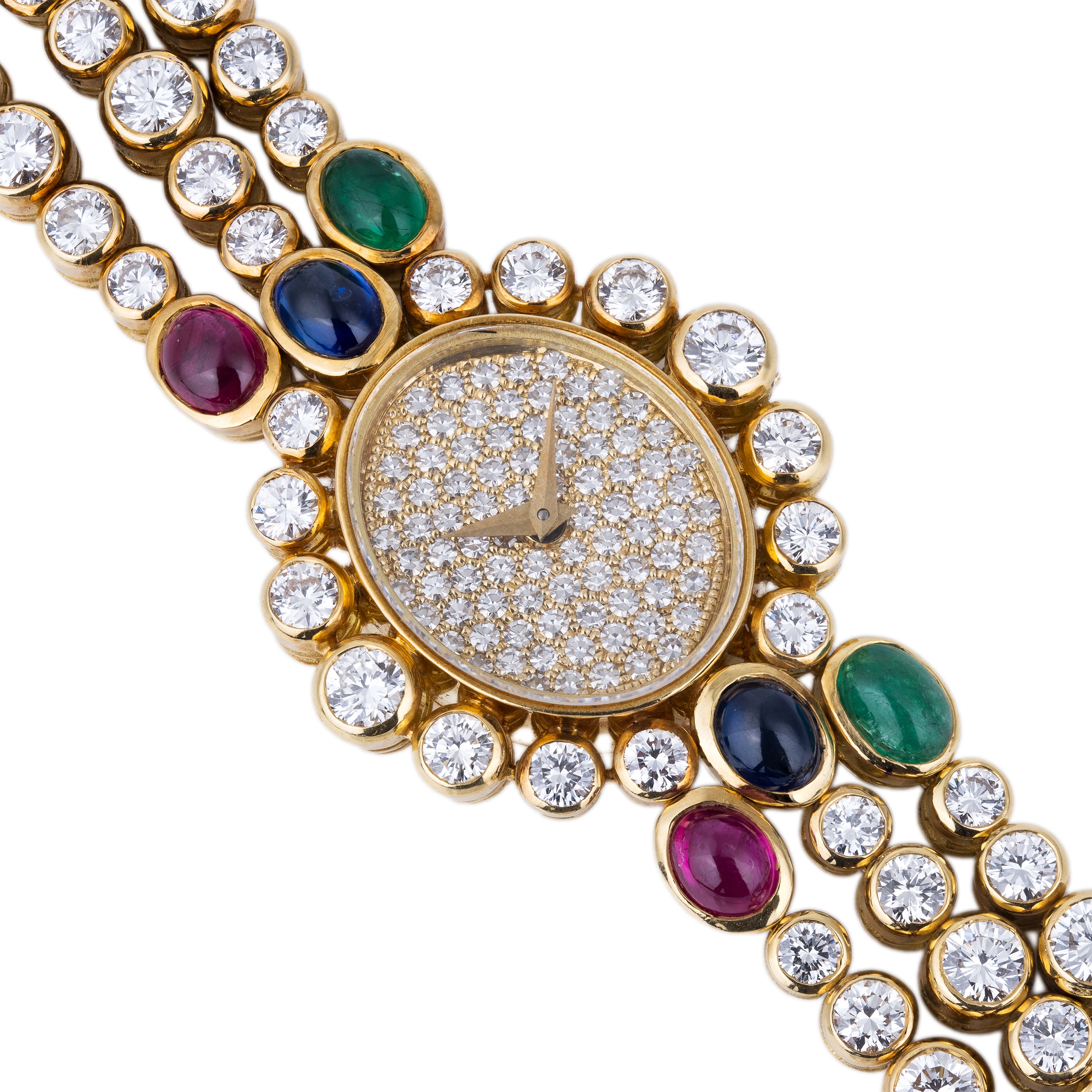DeLaneau 1990's Ladies Wristwatch | Pavé Diamonds & Multi Gemstones | Ruby, Emerald & Sapphire Cabochons | 18k Yellow Gold