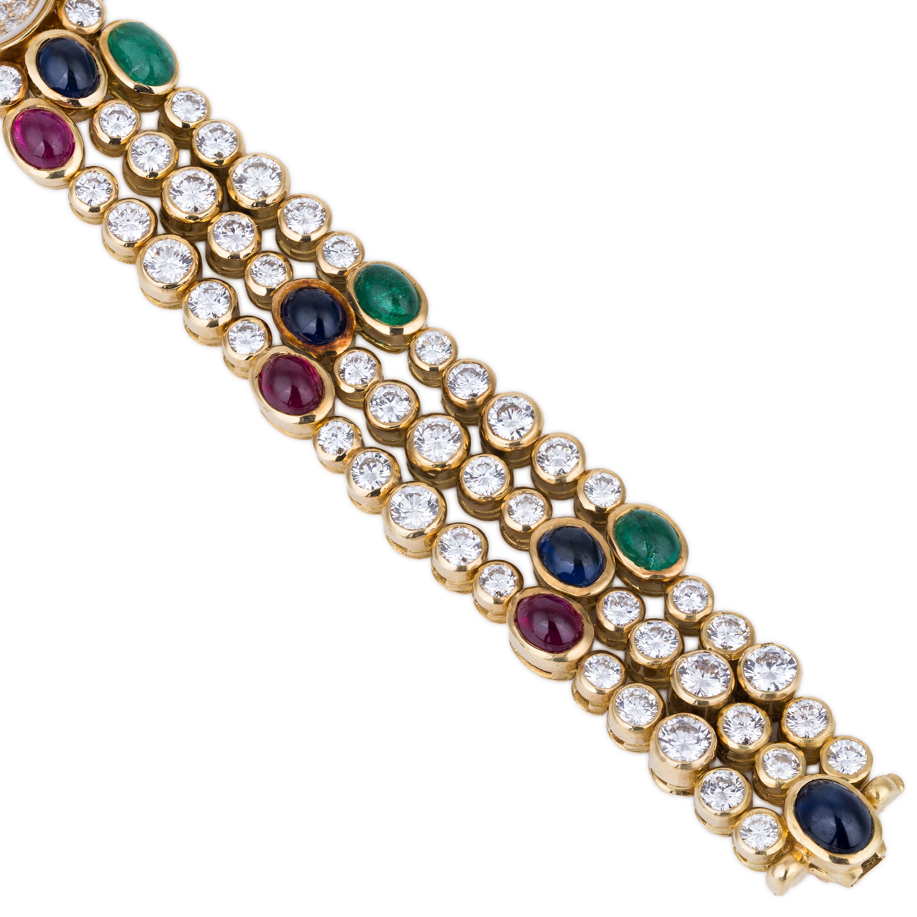 DeLaneau 1990's Ladies Wristwatch | Pavé Diamonds & Multi Gemstones | Ruby, Emerald & Sapphire Cabochons | 18k Yellow Gold