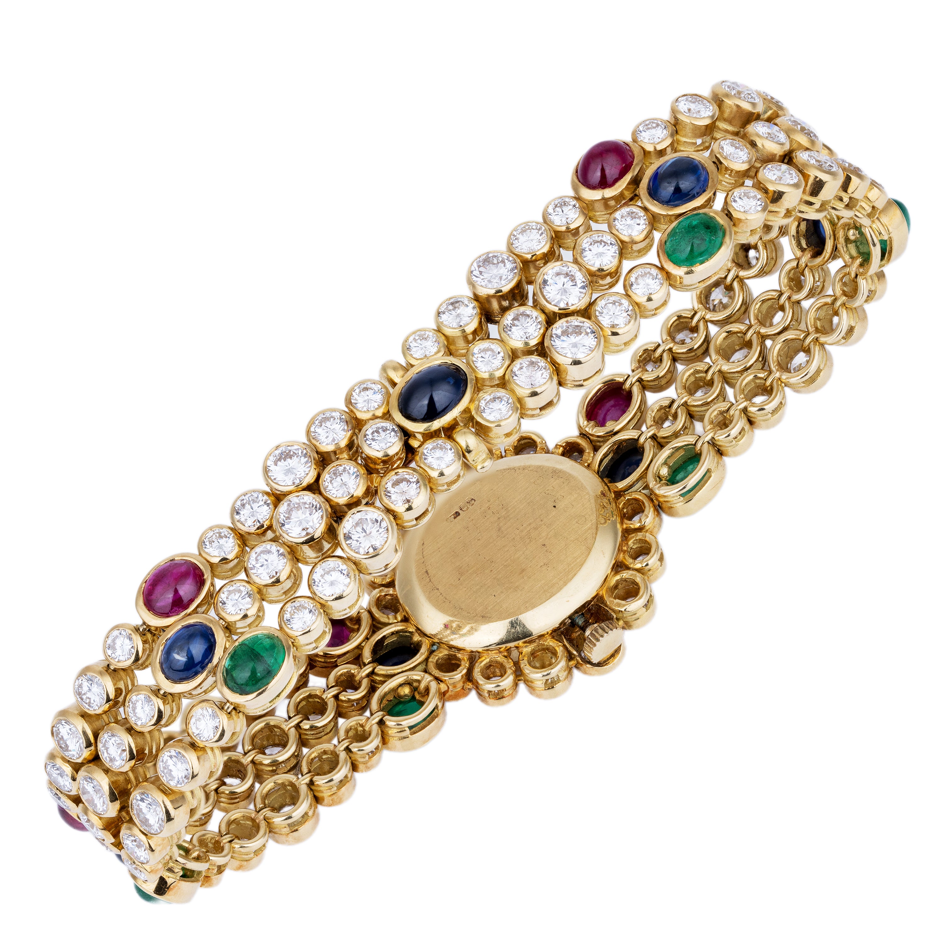 DeLaneau 1990's Ladies Wristwatch | Pavé Diamonds & Multi Gemstones | Ruby, Emerald & Sapphire Cabochons | 18k Yellow Gold