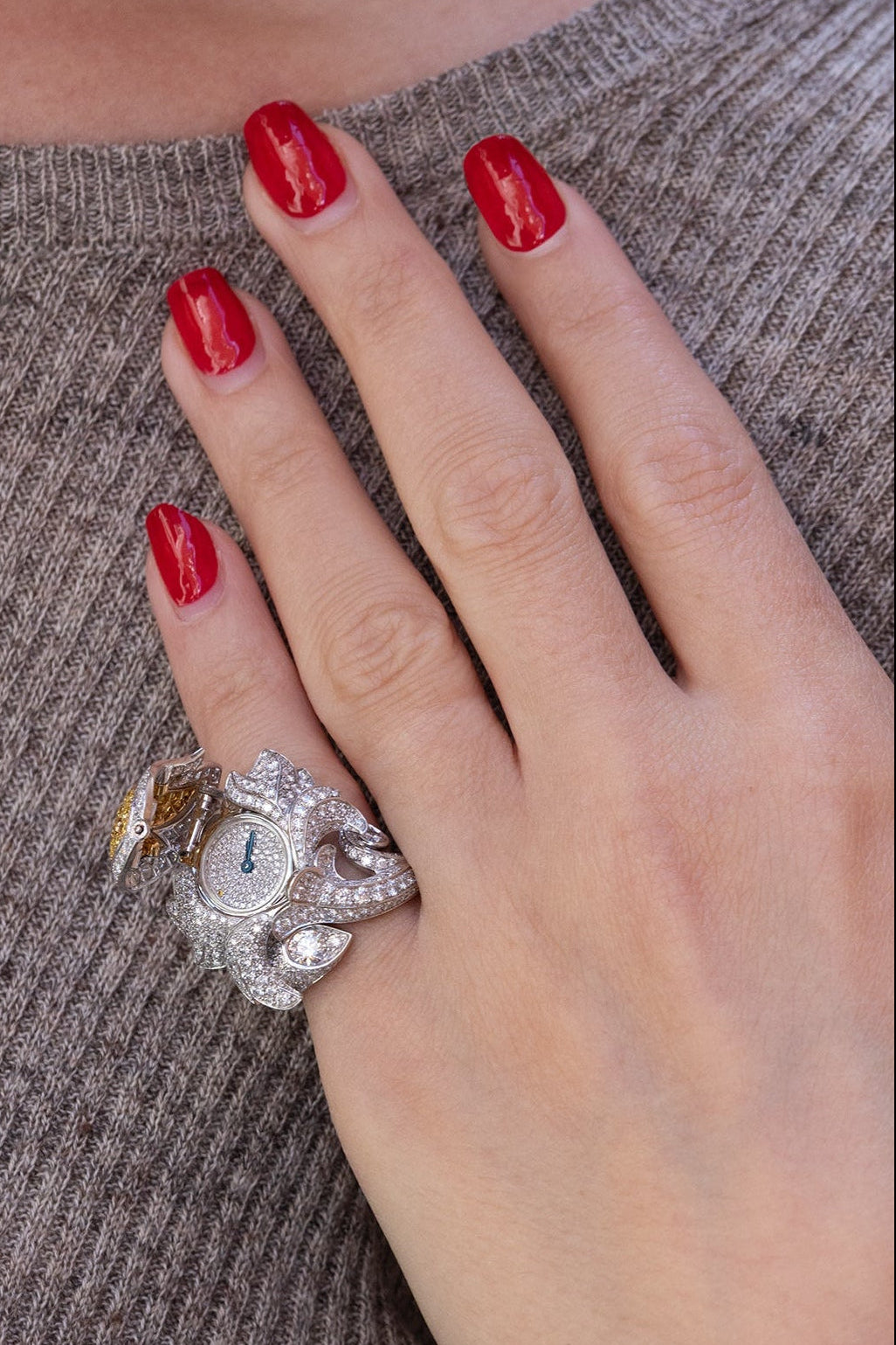 Cartier Platinum Tulip Secret Watch Ring | Pavé Diamonds & Yellow Diamonds | Piece Unique 1 of 1