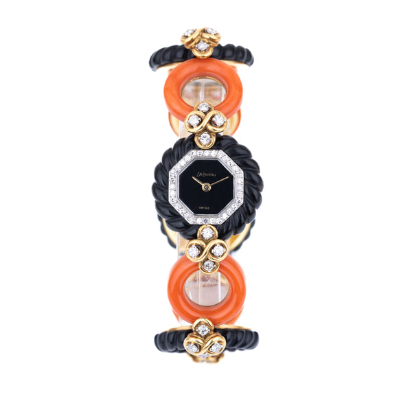 DeLaneau Onyx, Coral & 18k Yellow Gold Diamond Ladies Wristwatch | Black Onyx Dial | Circa 1970s