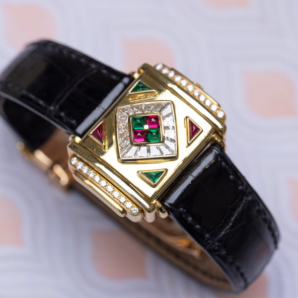 Rare Piaget Secret | REF. 16988 | Ruby, Emerald & 'Cut to Measure' Diamonds | 29mm | 18k Yellow Gold