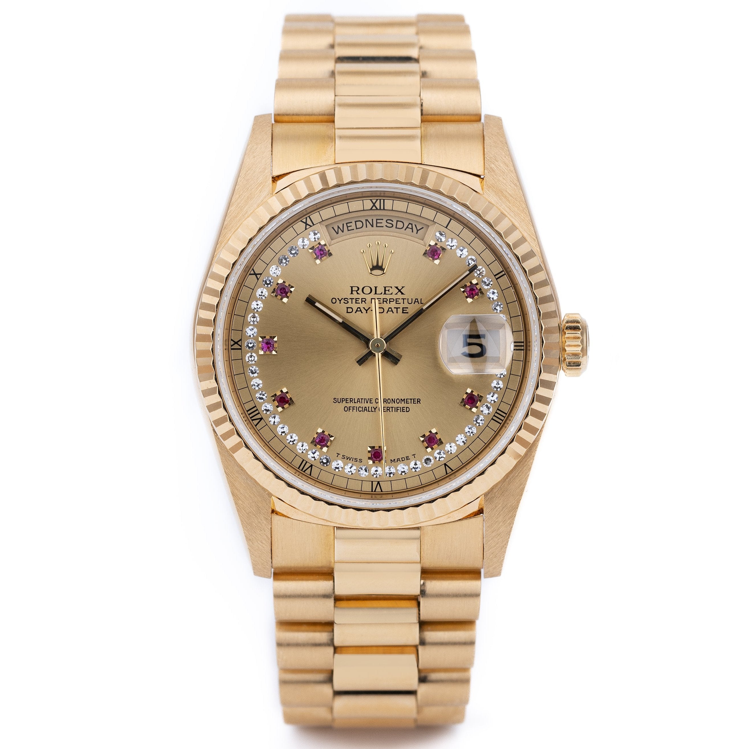 Rolex Day-Date | REF. 18238 | Champagne Diamond & Ruby String Dial | 18k Yellow Gold