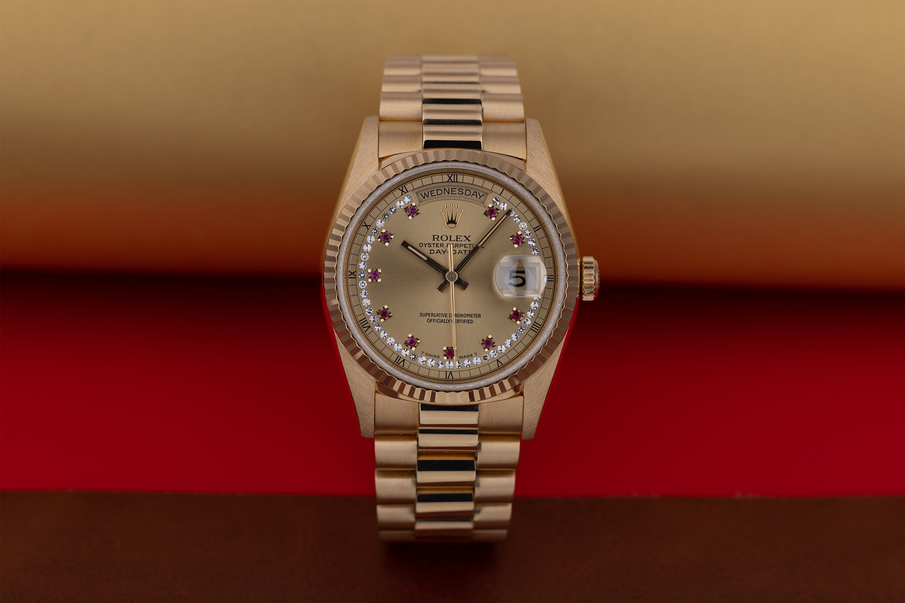 Rolex Day-Date | REF. 18238 | Champagne Diamond & Ruby String Dial | 18k Yellow Gold