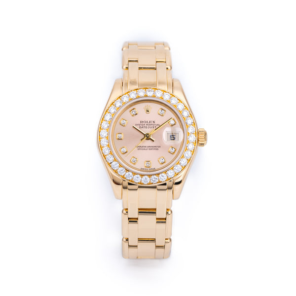 Rolex Lady DateJust Pearlmaster | REF. 80298 | Rose Champagne Dial | Diamond Hours & Bezel | Box & Papers | 18k Yellow Gold