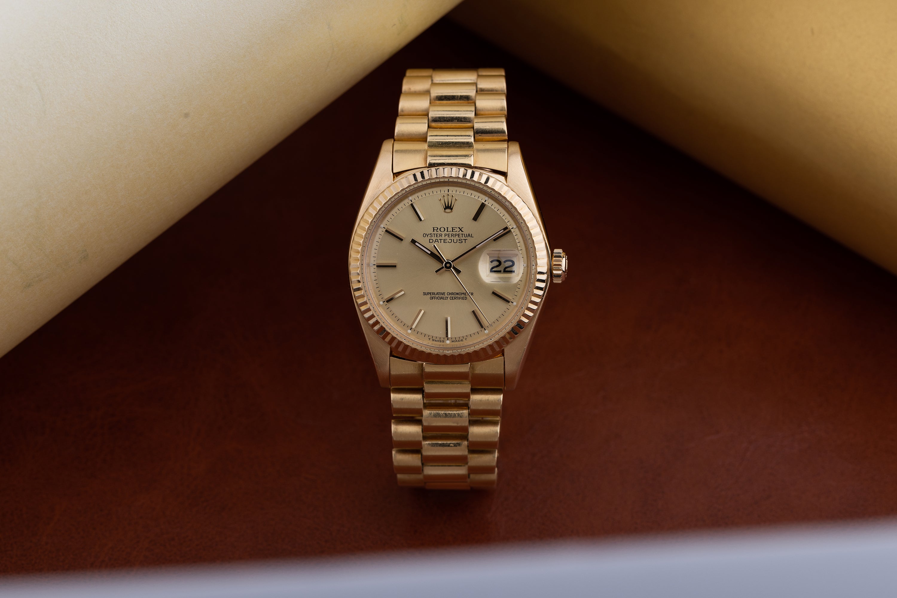 Rolex DateJust 36 | REF. 1601/8 | Gold Dial | 18k Yellow Gold | Rolex Service Papers