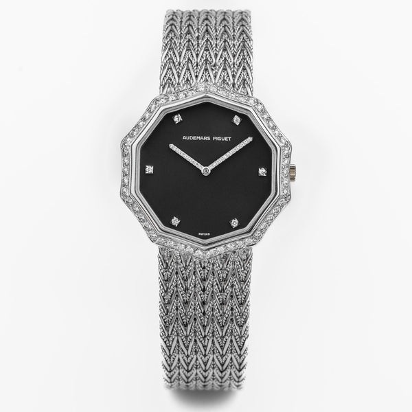 NOS: Audemars Piguet 1970s Gents Wristwatch | Decagon Case | 18k White Gold | Black Dial | Diamond Hours & Bezel | Rare Gold Movement