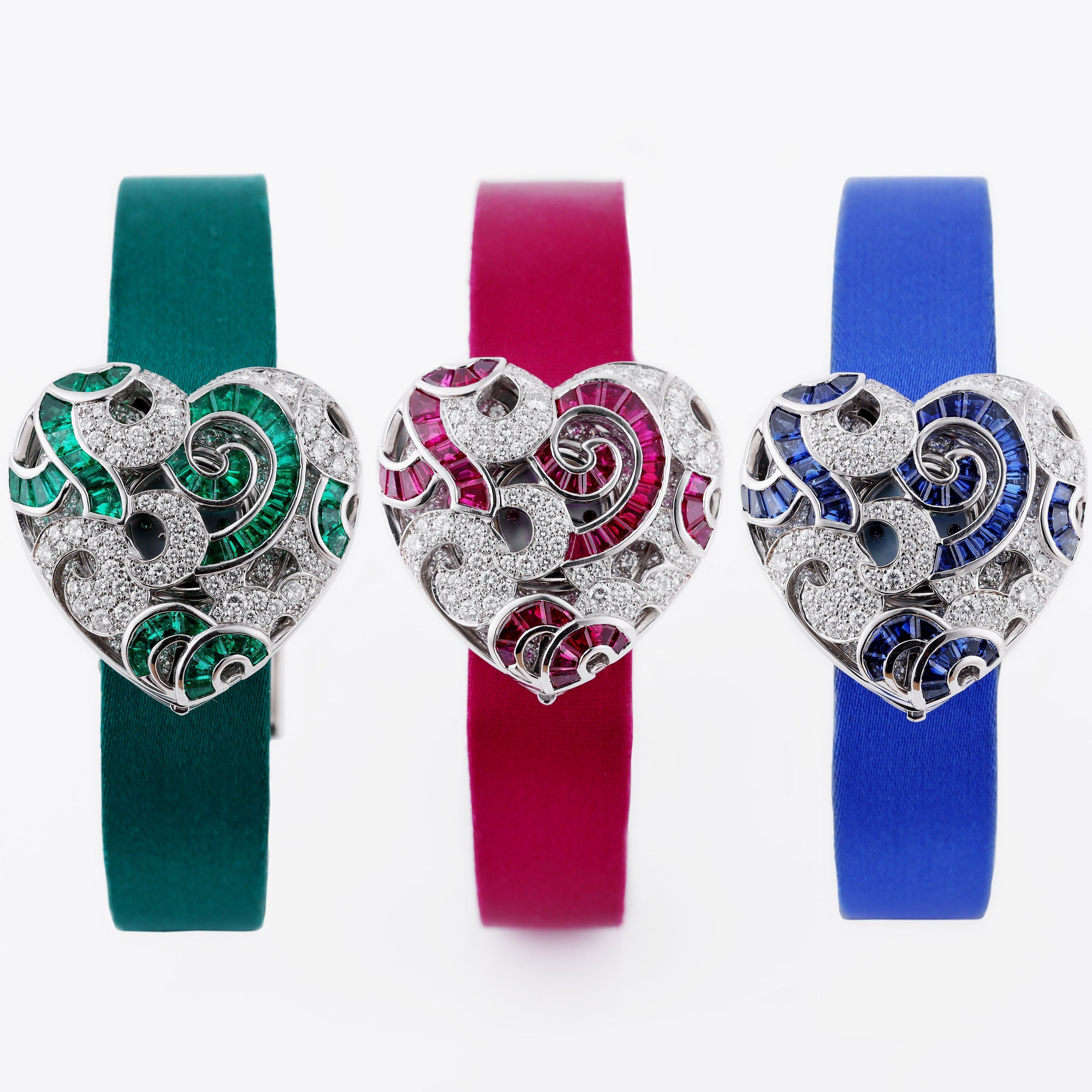 Rare Audemars Piguet Vintage Heart-Shaped Ladies Wristwatches | Set of 3 | REF. 67039BC | Emerald, Ruby & Sapphire Variety | Mother of Pearl Dial | 18k White Gold | Circa 1990's