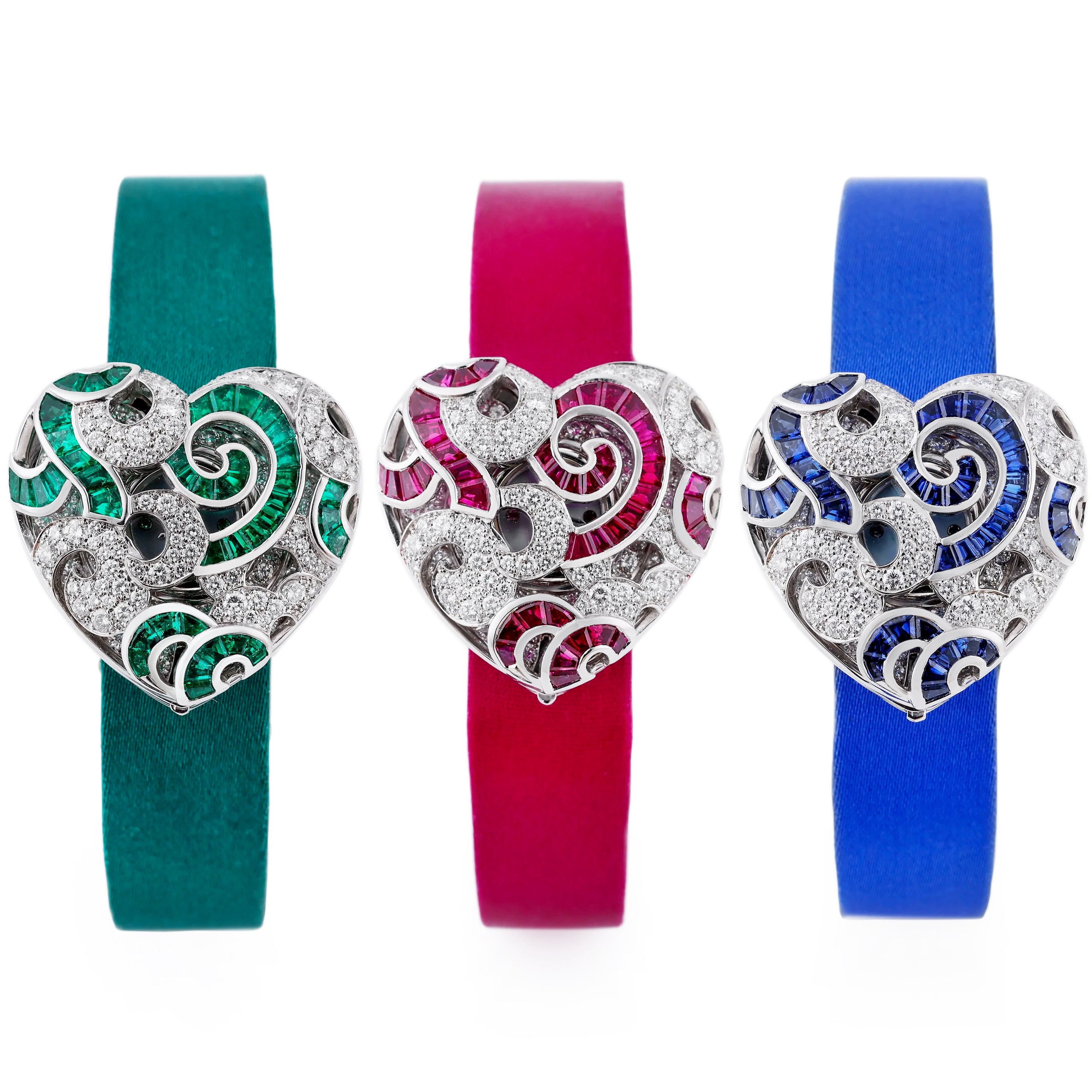 Rare Audemars Piguet Vintage Heart-Shaped Ladies Wristwatches | Set of 3 | REF. 67039BC | Emerald, Ruby & Sapphire Variety | Mother of Pearl Dial | 18k White Gold | Circa 1990's