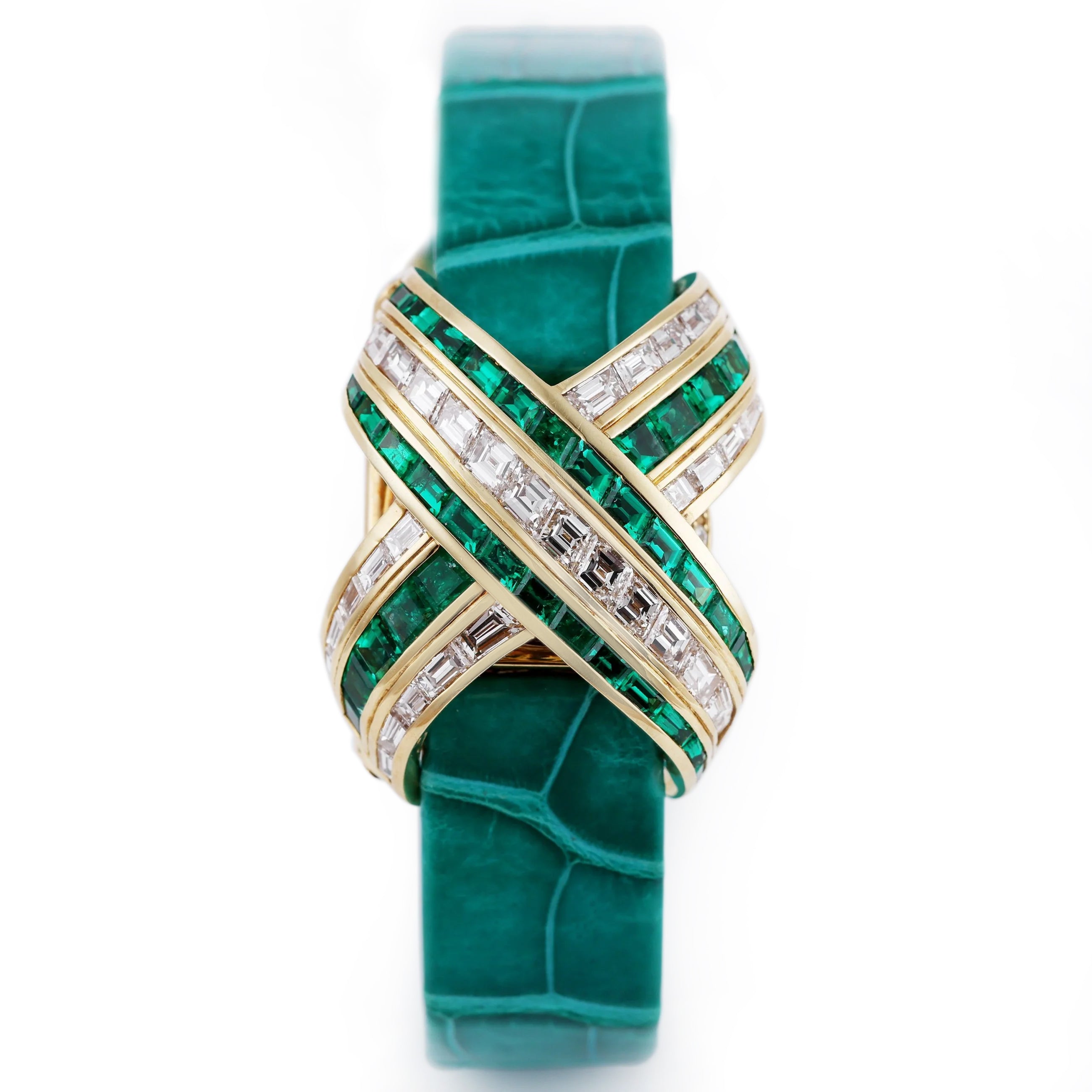 Audemars Piguet Ladies Wristwatch | REF. 67057/BA/E/0132 / 01 | Pave Diamond Dial, Emerald Hours | Emerald & Diamond 'X' Case | 18k Yellow Gold | Circa 1990's