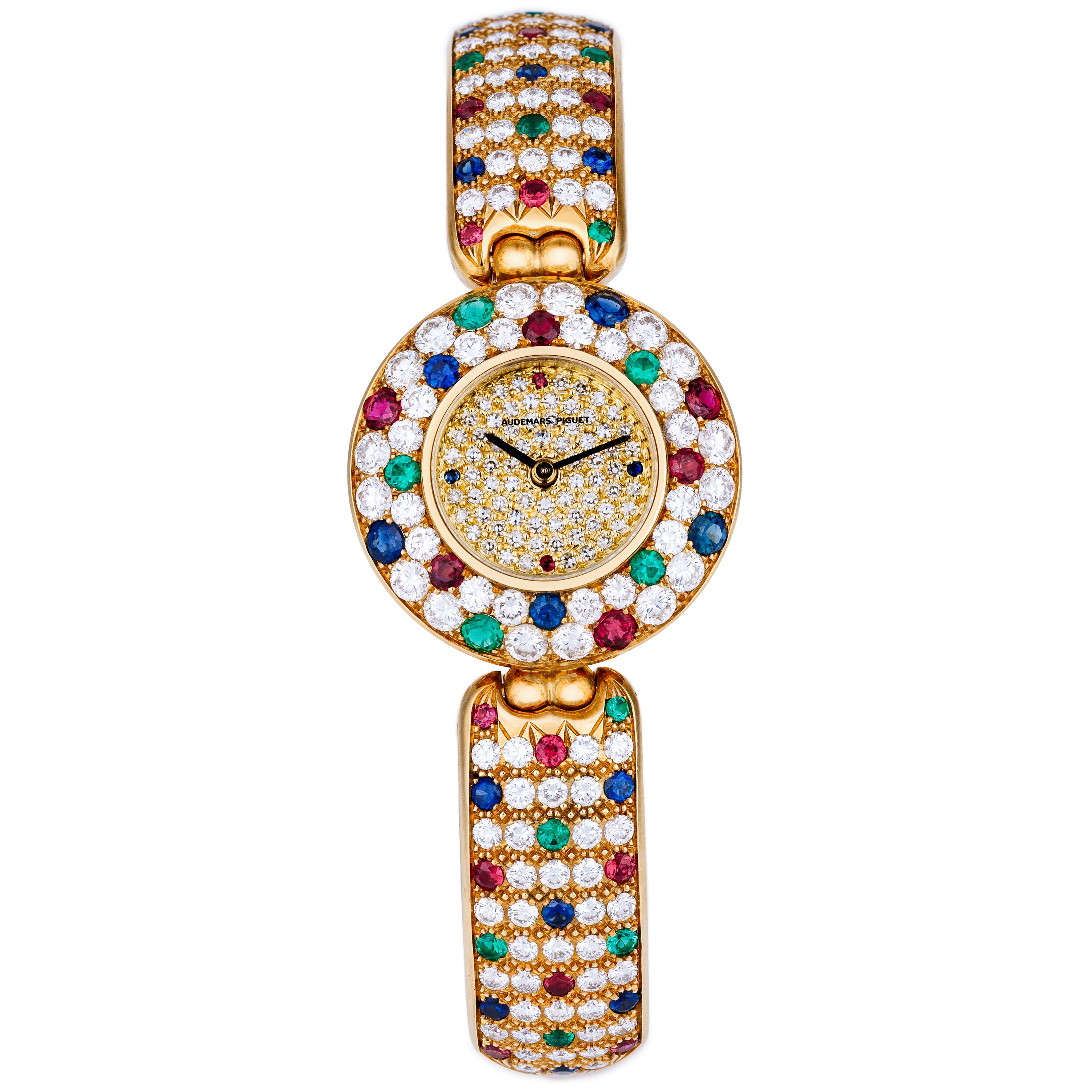 Unworn Extremely Rare Audemars Piguet Lady Wristwatch | Unique Pave Diamonds, Emeralds, Sapphires & Rubies | 18k Yellow Gold