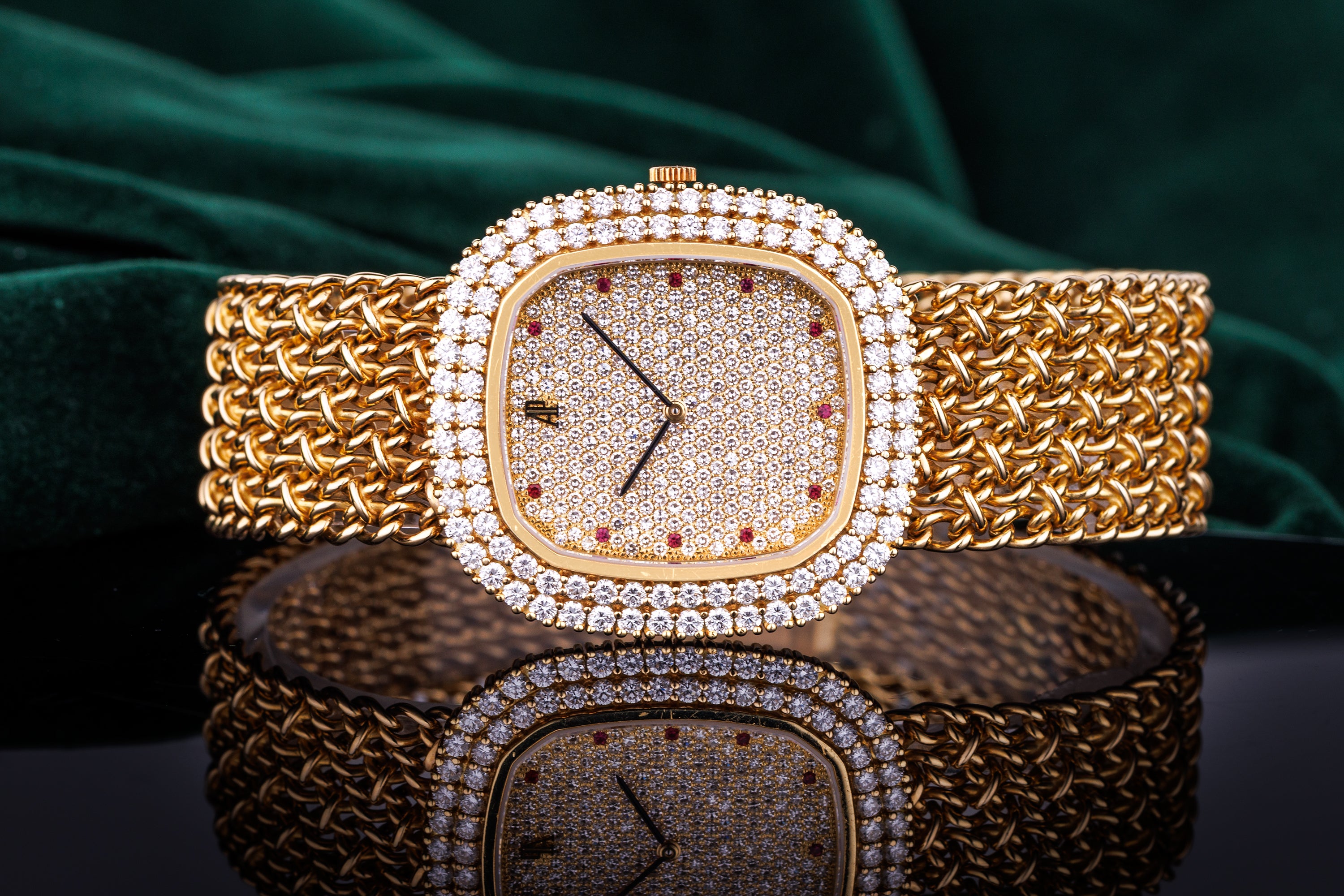 Audemars Piguet 1990's Wristwatch | Pavé Diamond & Ruby Dial | 18k Yellow Gold | Manual Wind | 33.5mm