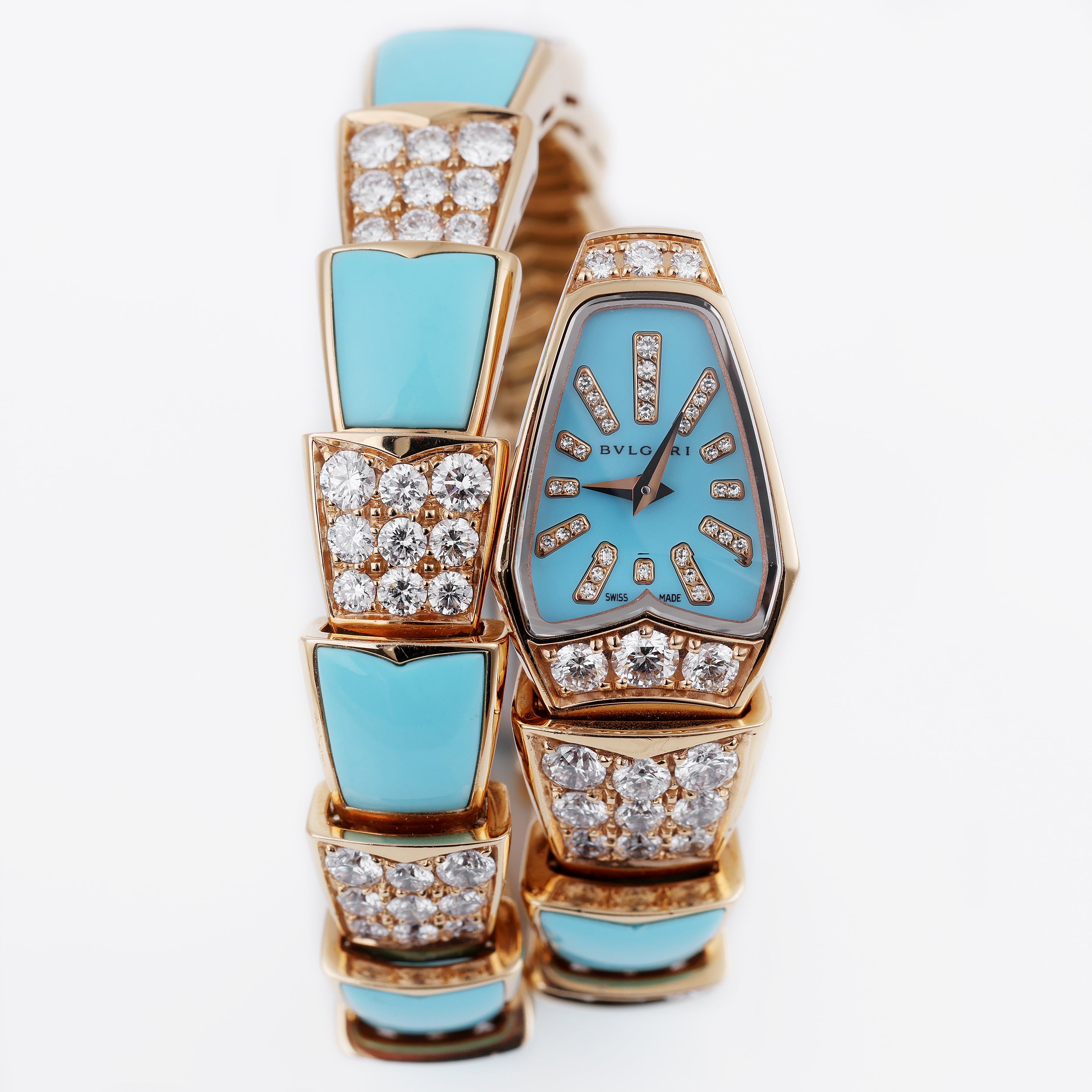 Rare Bvlgari Serpenti Scaglie | SP P 26 G | Lacquered Turquoise Dial & Bracelet with Diamonds | 18k Rose Gold | Limited 89 Pieces