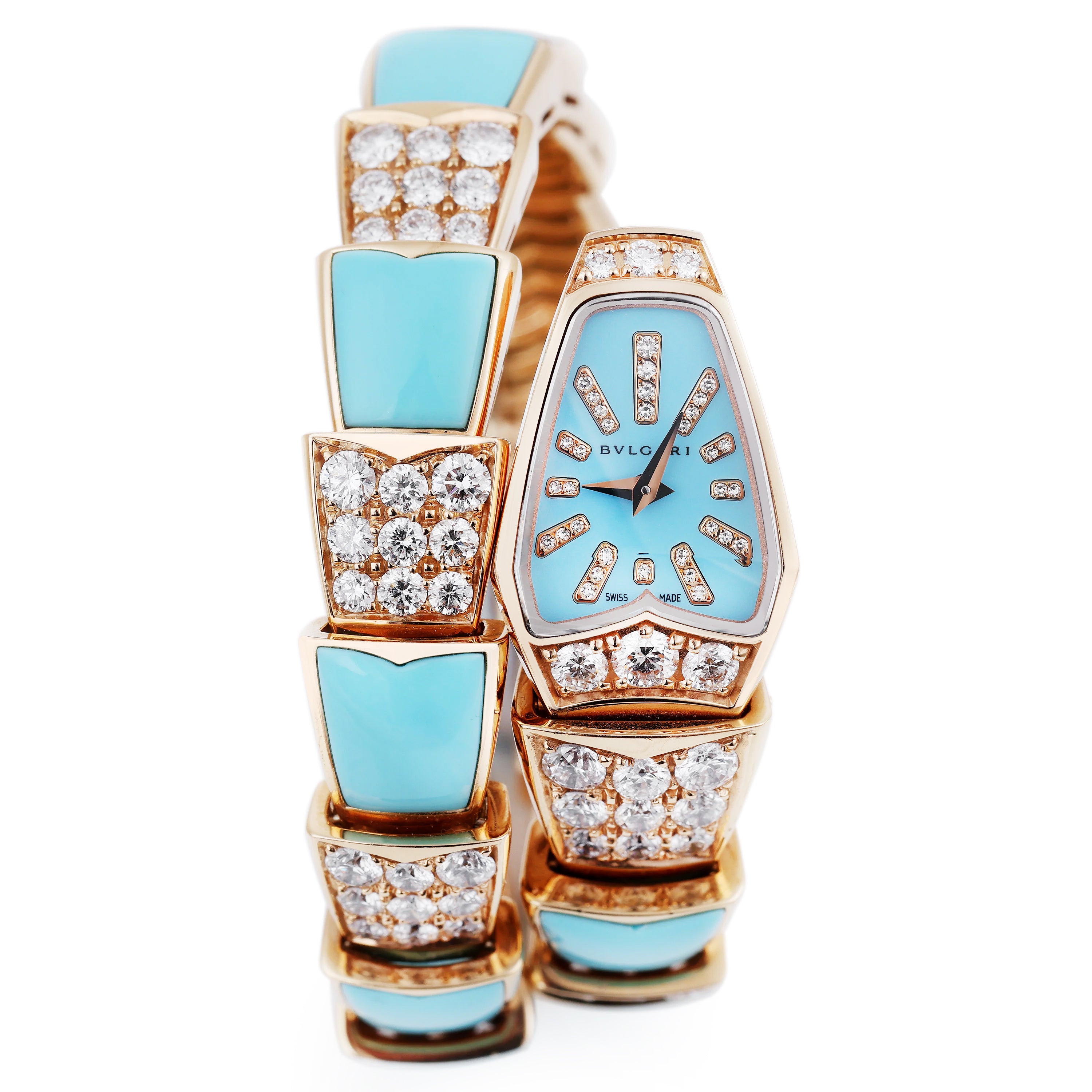 Rare Bvlgari Serpenti Scaglie | SP P 26 G | Lacquered Turquoise Dial & Bracelet with Diamonds | 18k Rose Gold | Limited 89 Pieces
