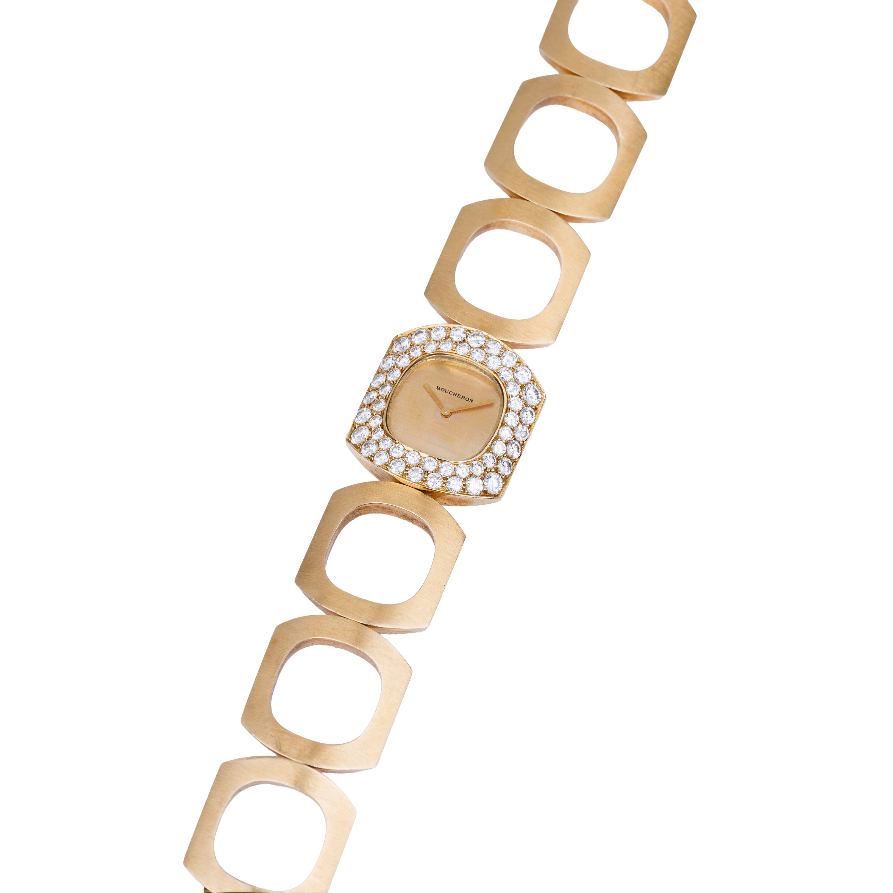 Boucheron Vintage Lady's Wristwatch | Circa 1970s | Champagne Dial | Double Row Diamond Bezel | 18k Yellow Gold