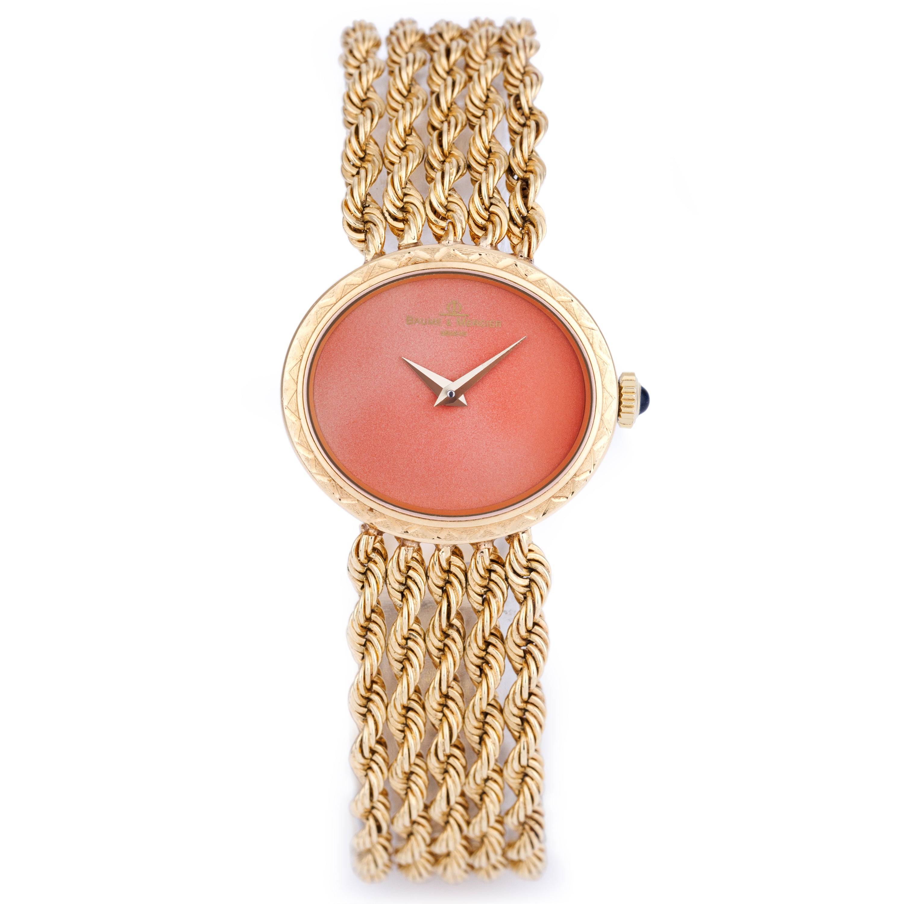 Baume & Mercier 1980s Ladies Wristwatch | REF. 38235 2 | Coral Dial | 18k Yellow Gold | 25mm | Manual Wind