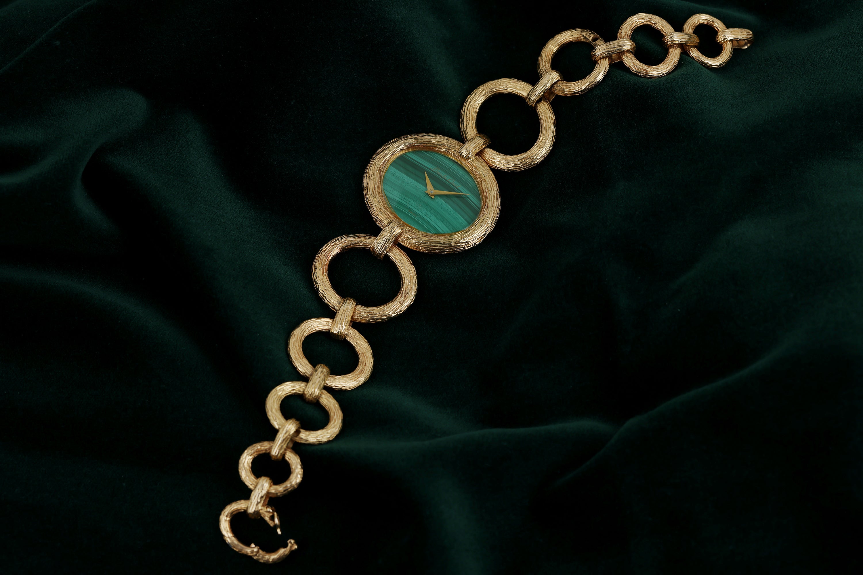 Bueche Girod 1970s Ladies Wristwatch | Malachite Dial | Bark Finish | 18k Yellow Gold | 36mm