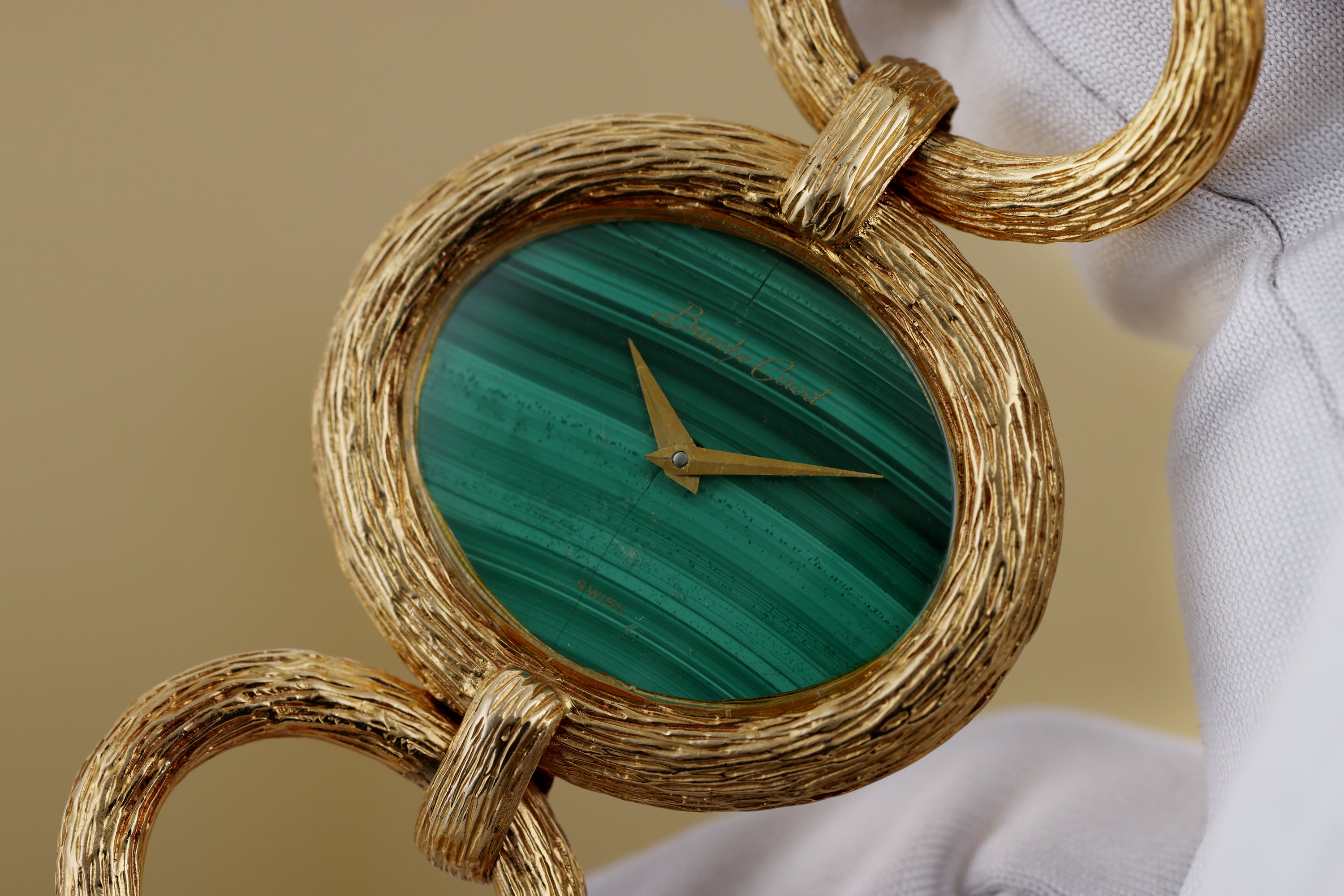 Bueche Girod 1970s Ladies Wristwatch | Malachite Dial | Bark Finish | 18k Yellow Gold | 36mm