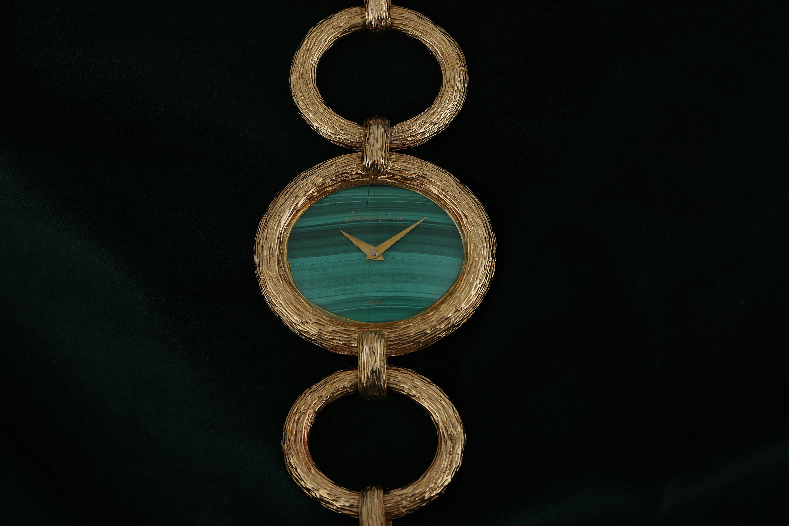 Bueche Girod 1970s Ladies Wristwatch | Malachite Dial | Bark Finish | 18k Yellow Gold | 36mm