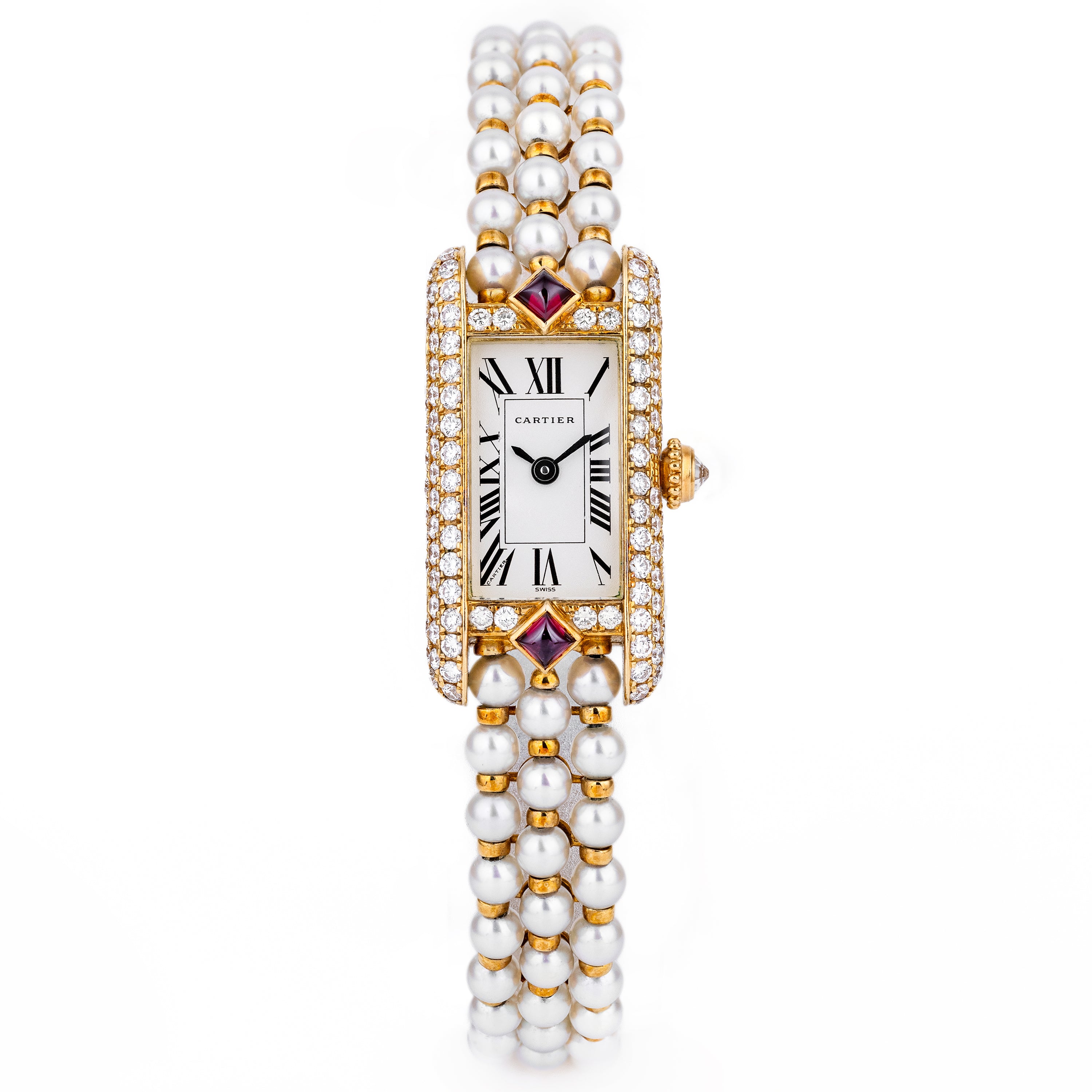 Rare Cartier Pearl Mini Tank Quartz | REF. 828006 | 14mm | Pearl Integrated Bracelet | Ruby & Diamonds | 18k Yellow Gold