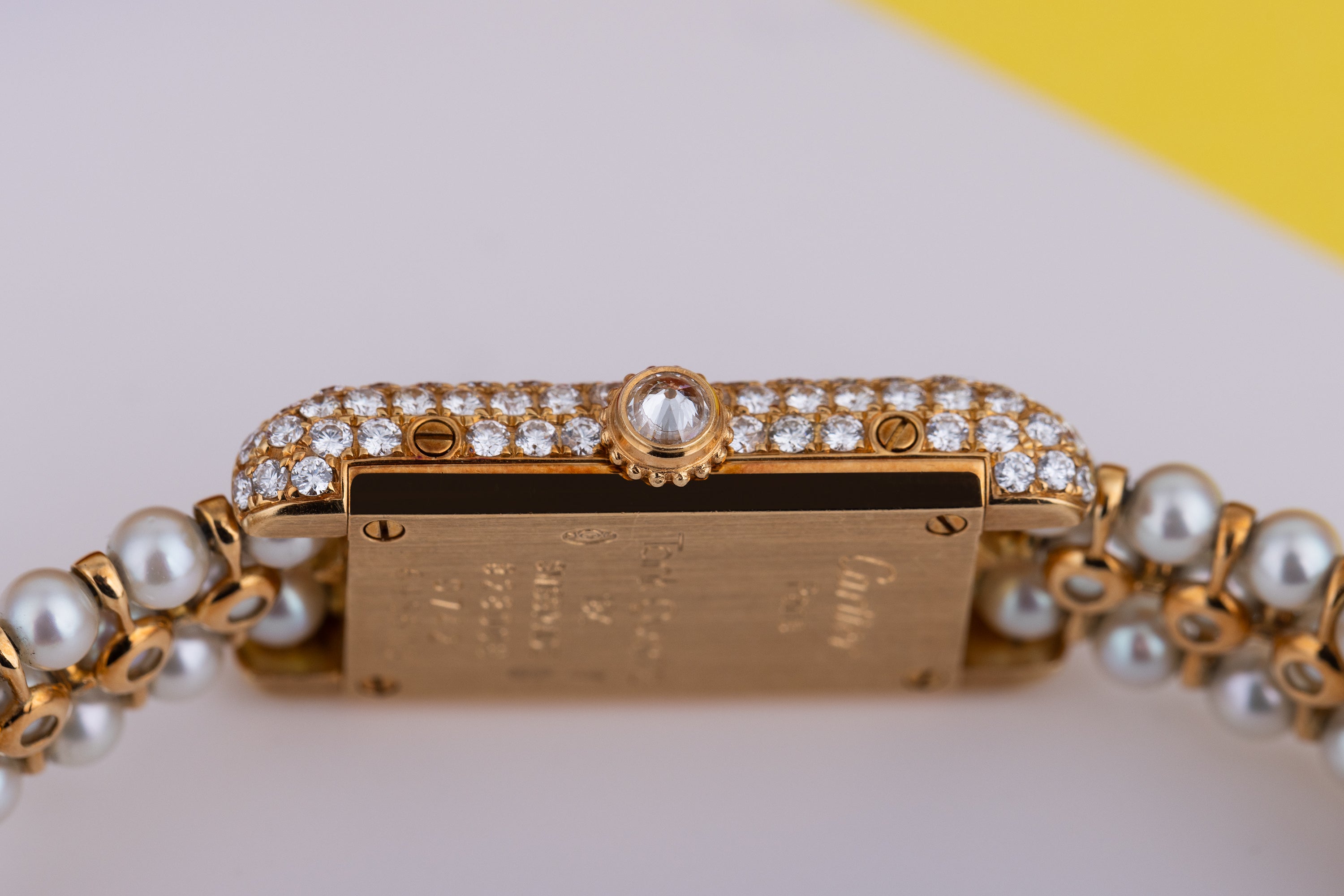 Rare Cartier Pearl Mini Tank Quartz | REF. 828006 | 14mm | Pearl Integrated Bracelet | Ruby & Diamonds | 18k Yellow Gold