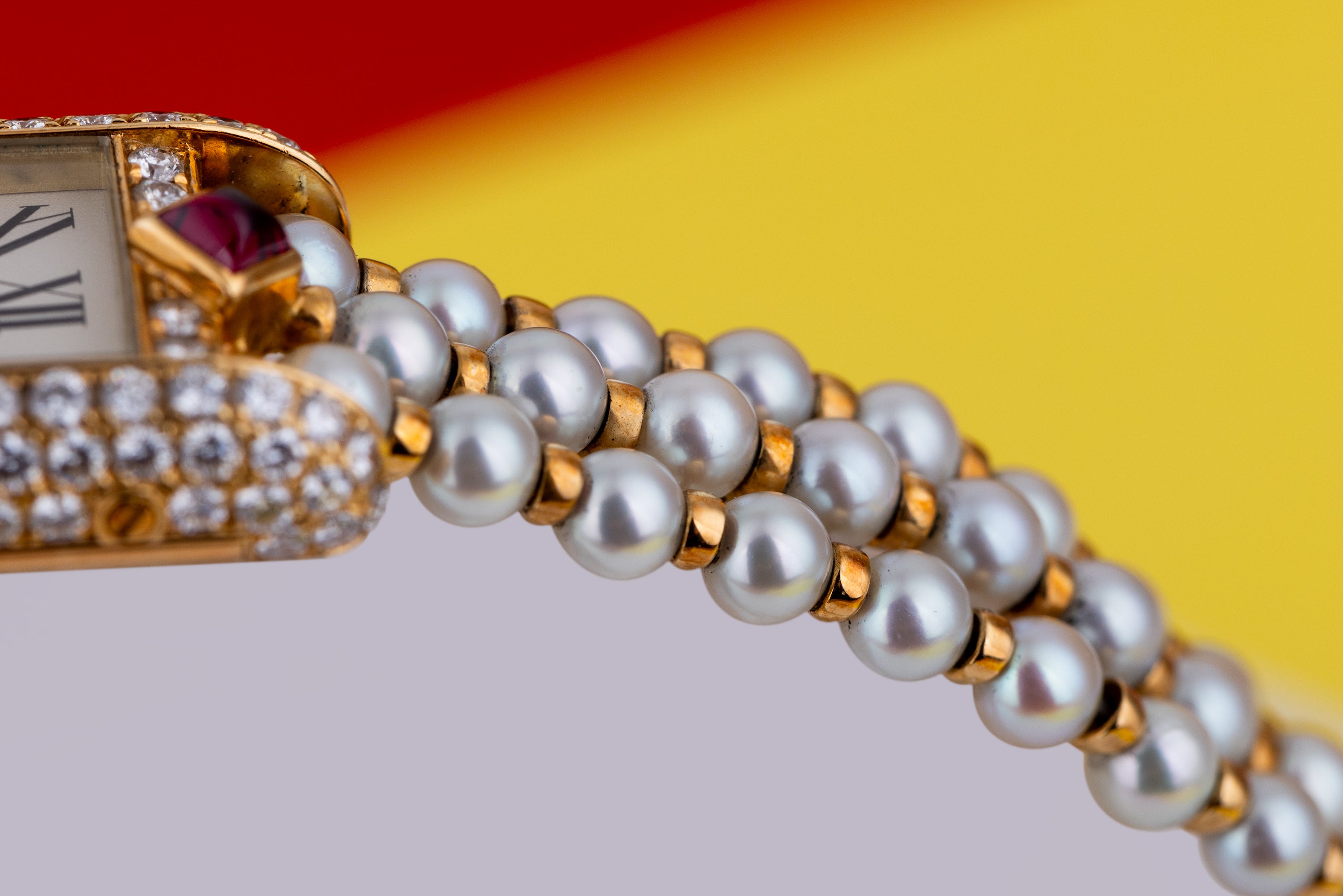 Rare Cartier Pearl Mini Tank Quartz | REF. 828006 | 14mm | Pearl Integrated Bracelet | Ruby & Diamonds | 18k Yellow Gold