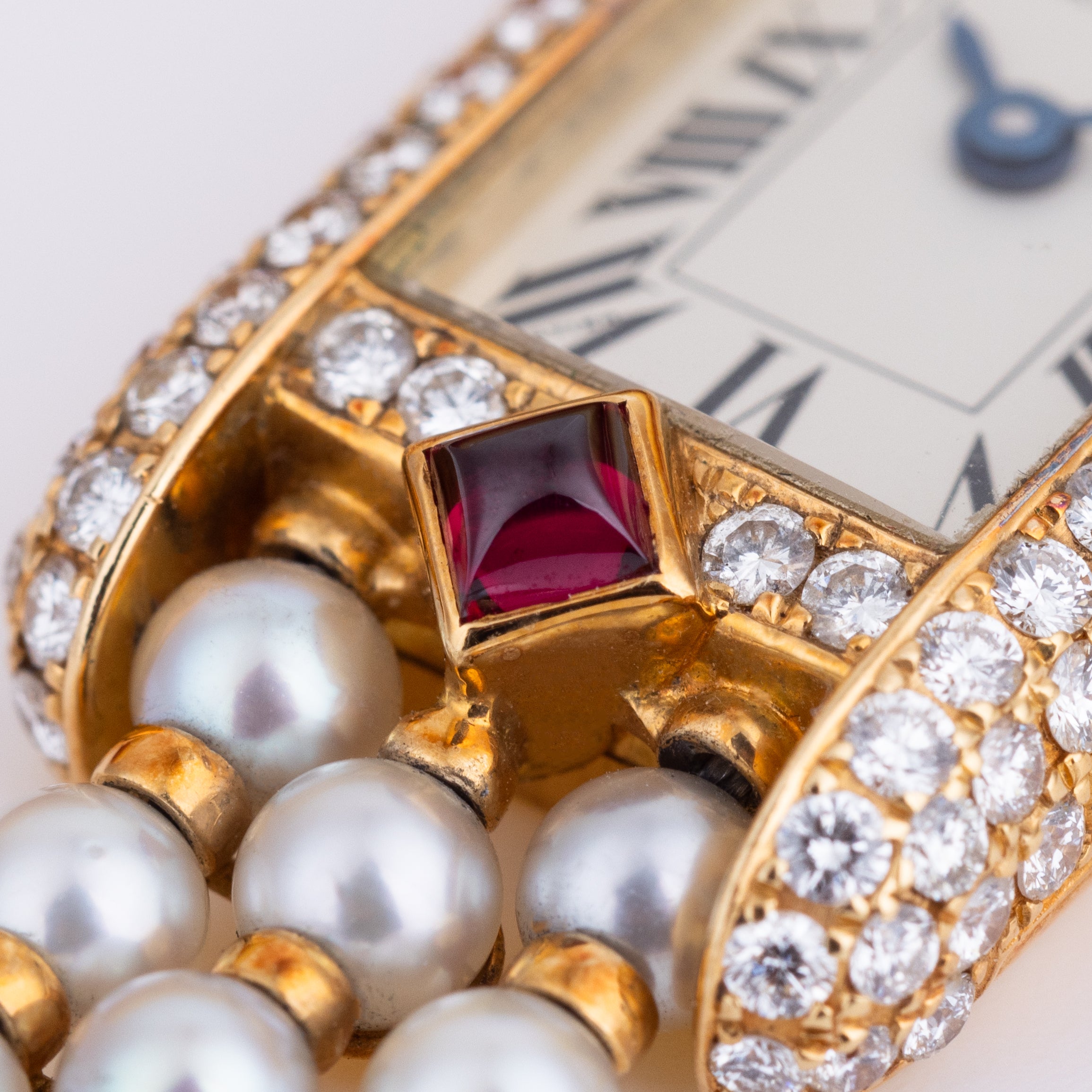 Rare Cartier Pearl Mini Tank Quartz | REF. 828006 | 14mm | Pearl Integrated Bracelet | Ruby & Diamonds | 18k Yellow Gold