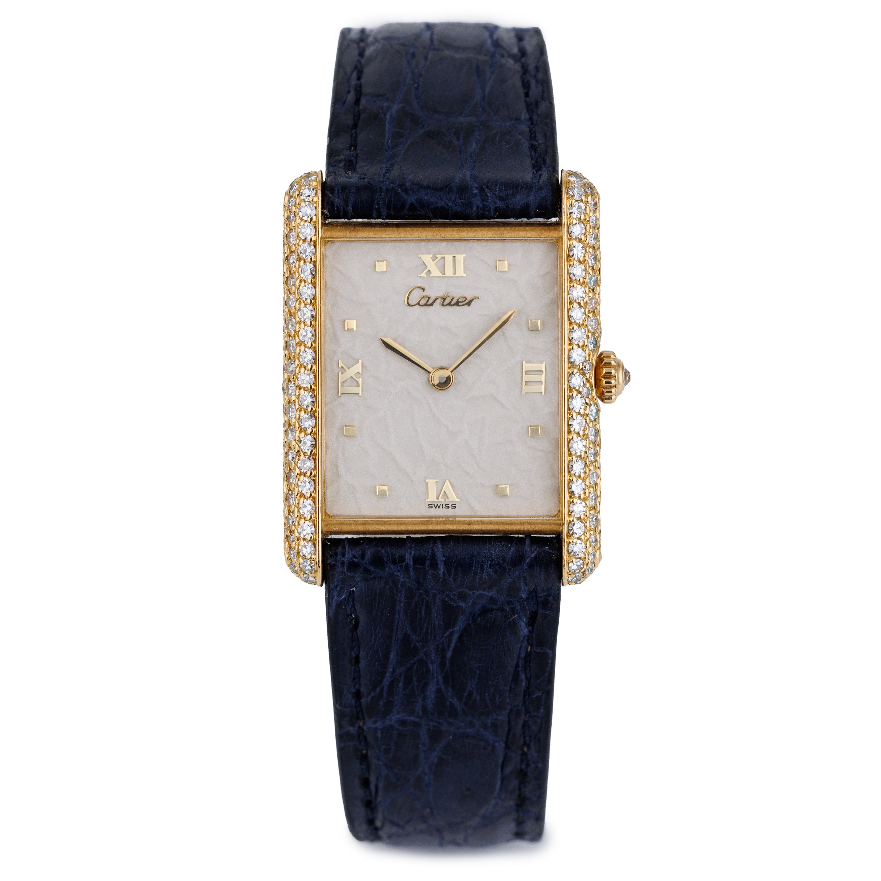 Rare Cartier Tank Louis | REF. 81086 | Unique Paper Textured 'Swiss' dial | 23mm | Diamond Bezel | 18k Yellow Gold | Quartz | Circa 1980s