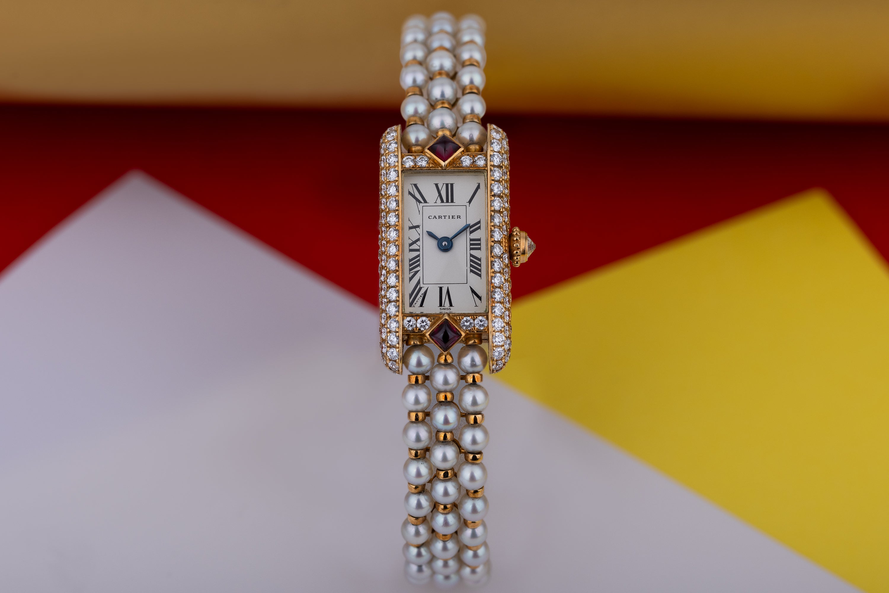 Rare Cartier Pearl Mini Tank Quartz | REF. 828006 | 14mm | Pearl Integrated Bracelet | Ruby & Diamonds | 18k Yellow Gold