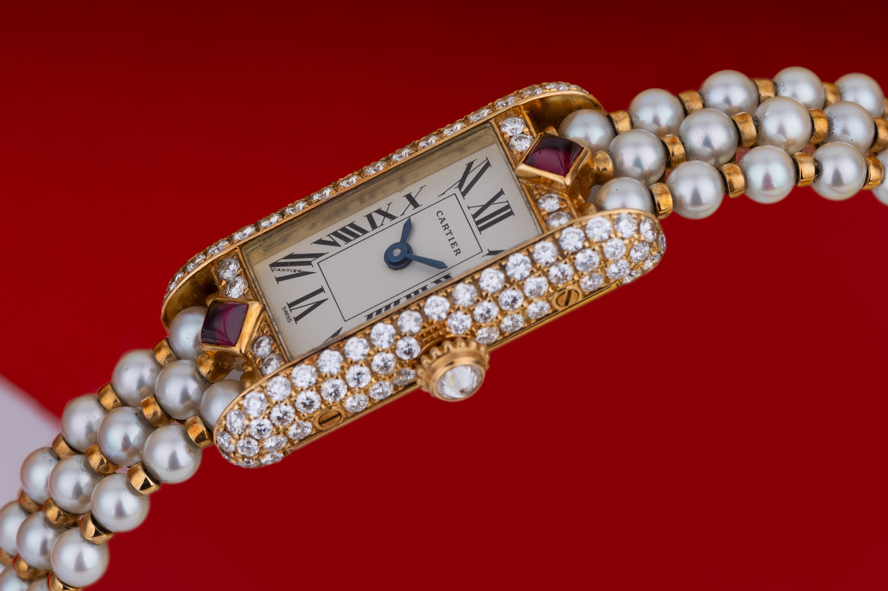 Rare Cartier Pearl Mini Tank Quartz | REF. 828006 | 14mm | Pearl Integrated Bracelet | Ruby & Diamonds | 18k Yellow Gold