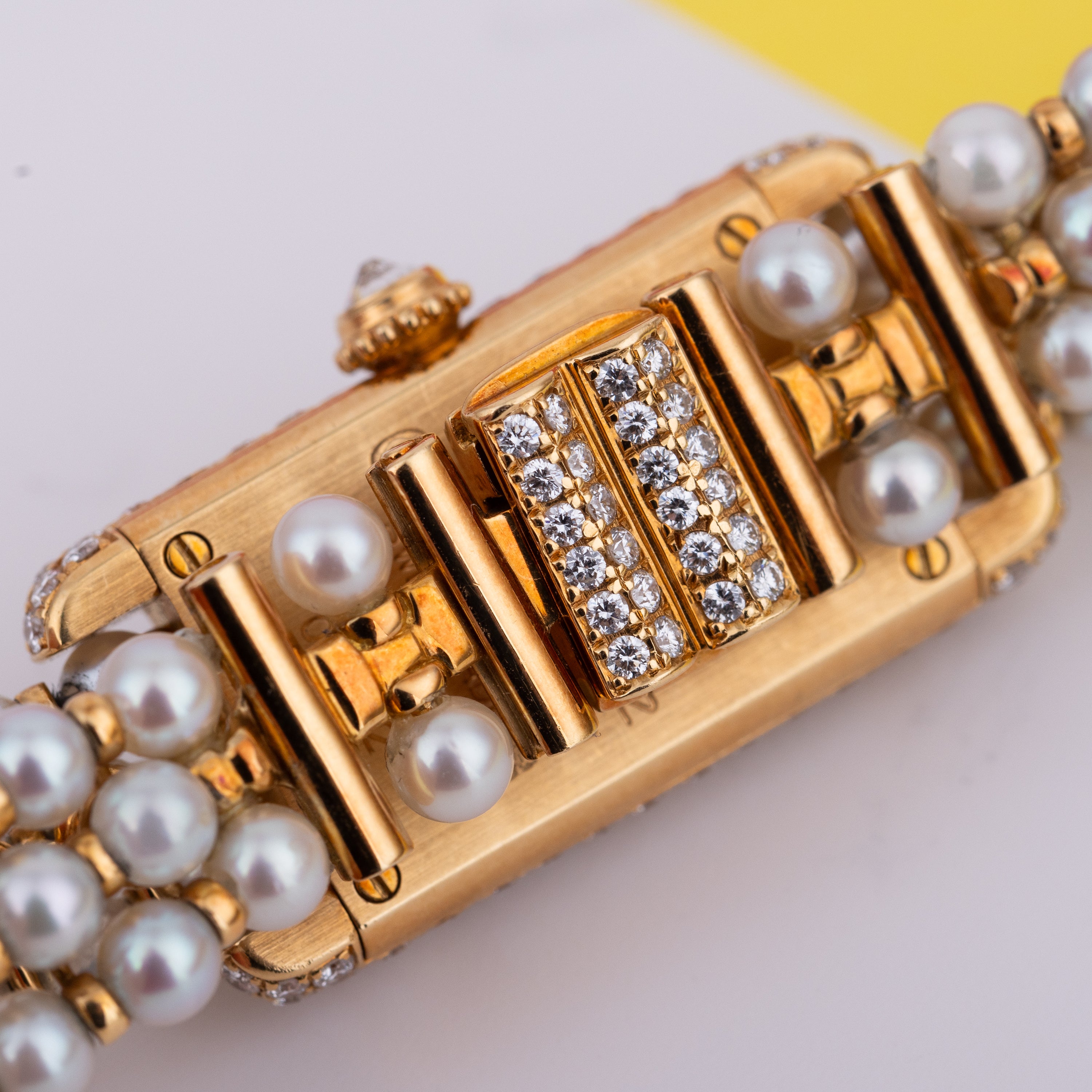 Rare Cartier Pearl Mini Tank Quartz | REF. 828006 | 14mm | Pearl Integrated Bracelet | Ruby & Diamonds | 18k Yellow Gold