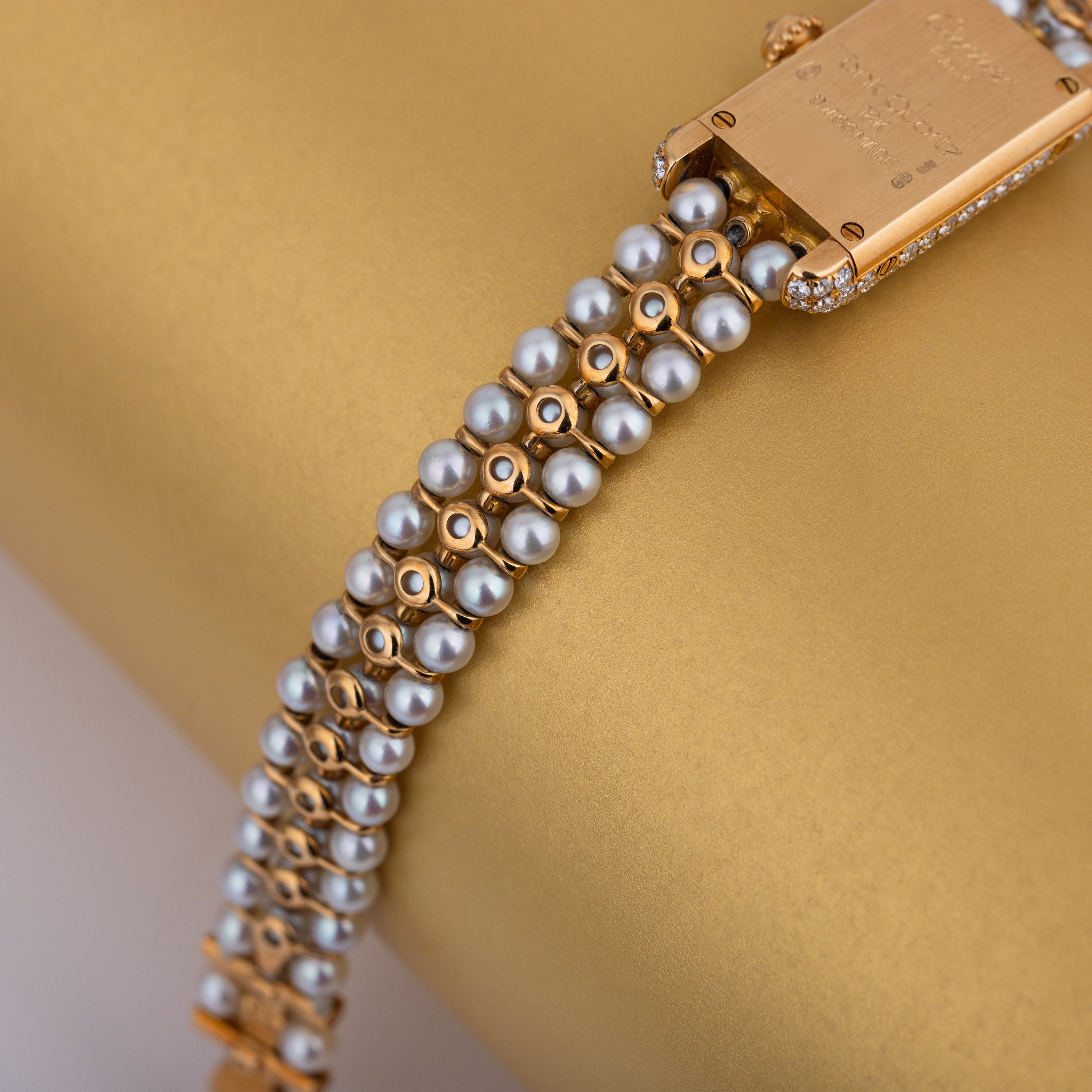 Rare Cartier Pearl Mini Tank Quartz | REF. 828006 | 14mm | Pearl Integrated Bracelet | Ruby & Diamonds | 18k Yellow Gold