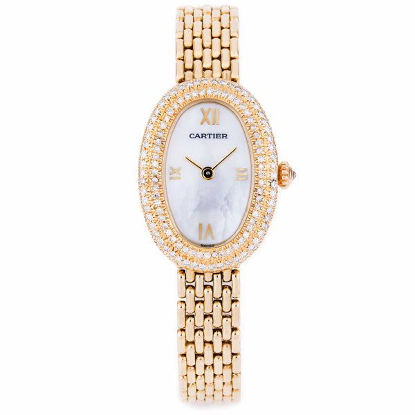 Cartier Baignoire | REF. 6601 | Mother of Pearl Dial | Double Diamond Bezel | 19.5mm | 18k Yellow Gold | 1990's