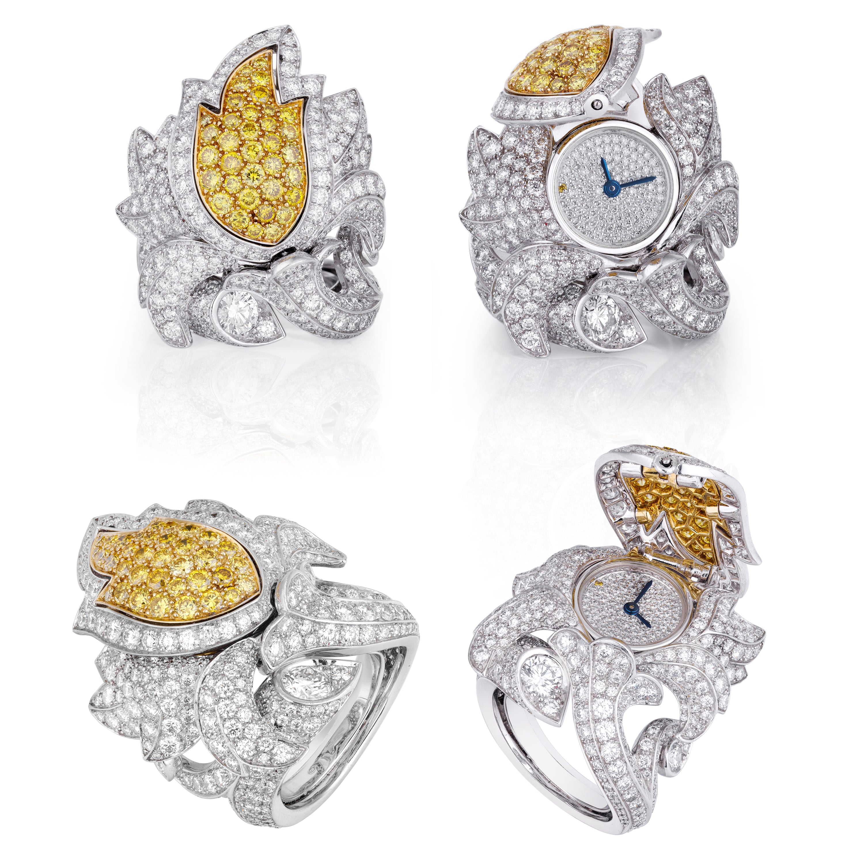 Cartier Platinum Tulip Secret Watch Ring | Pavé Diamonds & Yellow Diamonds | Piece Unique 1 of 1
