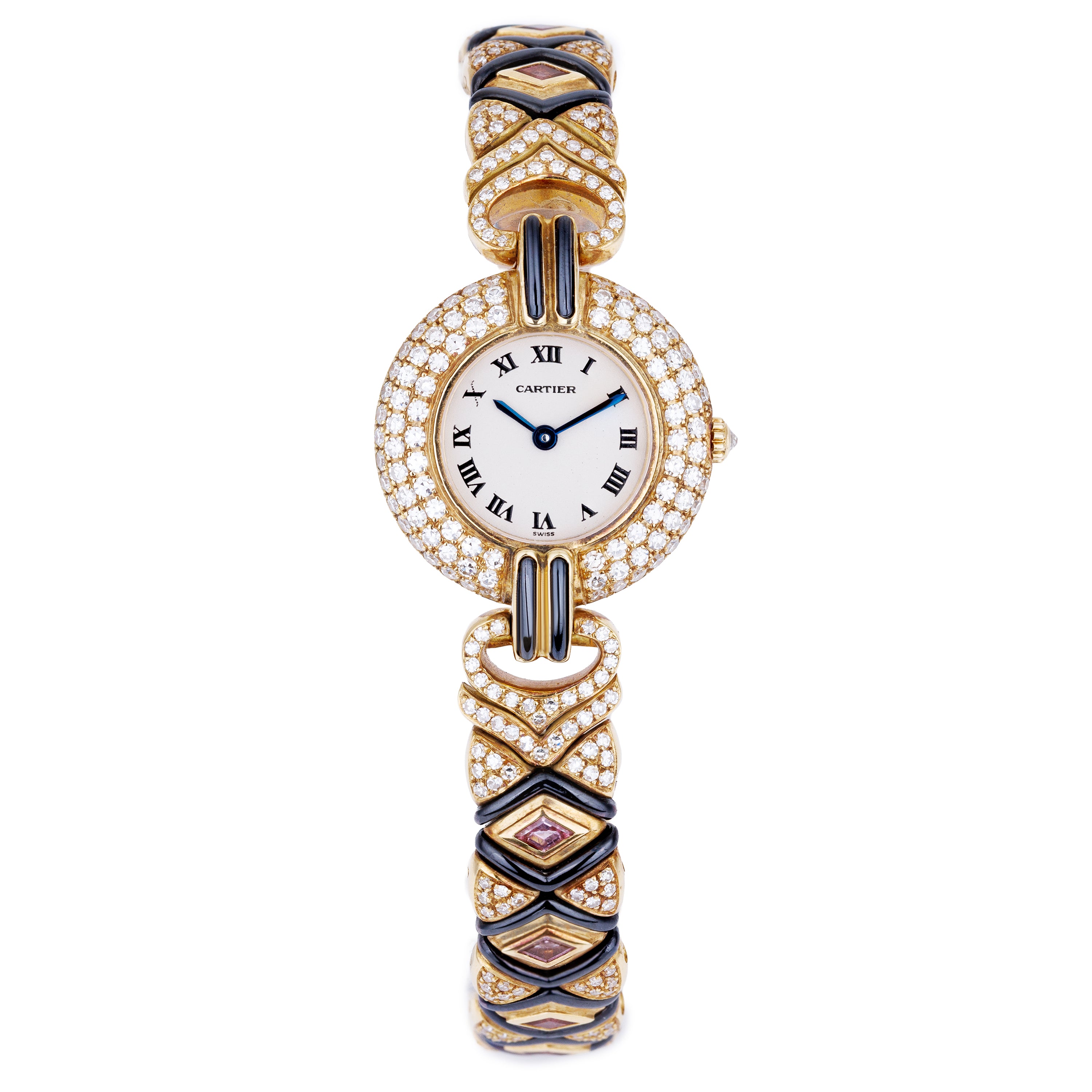 Unworn Cartier Colisee | REF. 881092 | Pave Diamonds, Tourmaline & Hematite | 24mm | 18k Yellow Gold