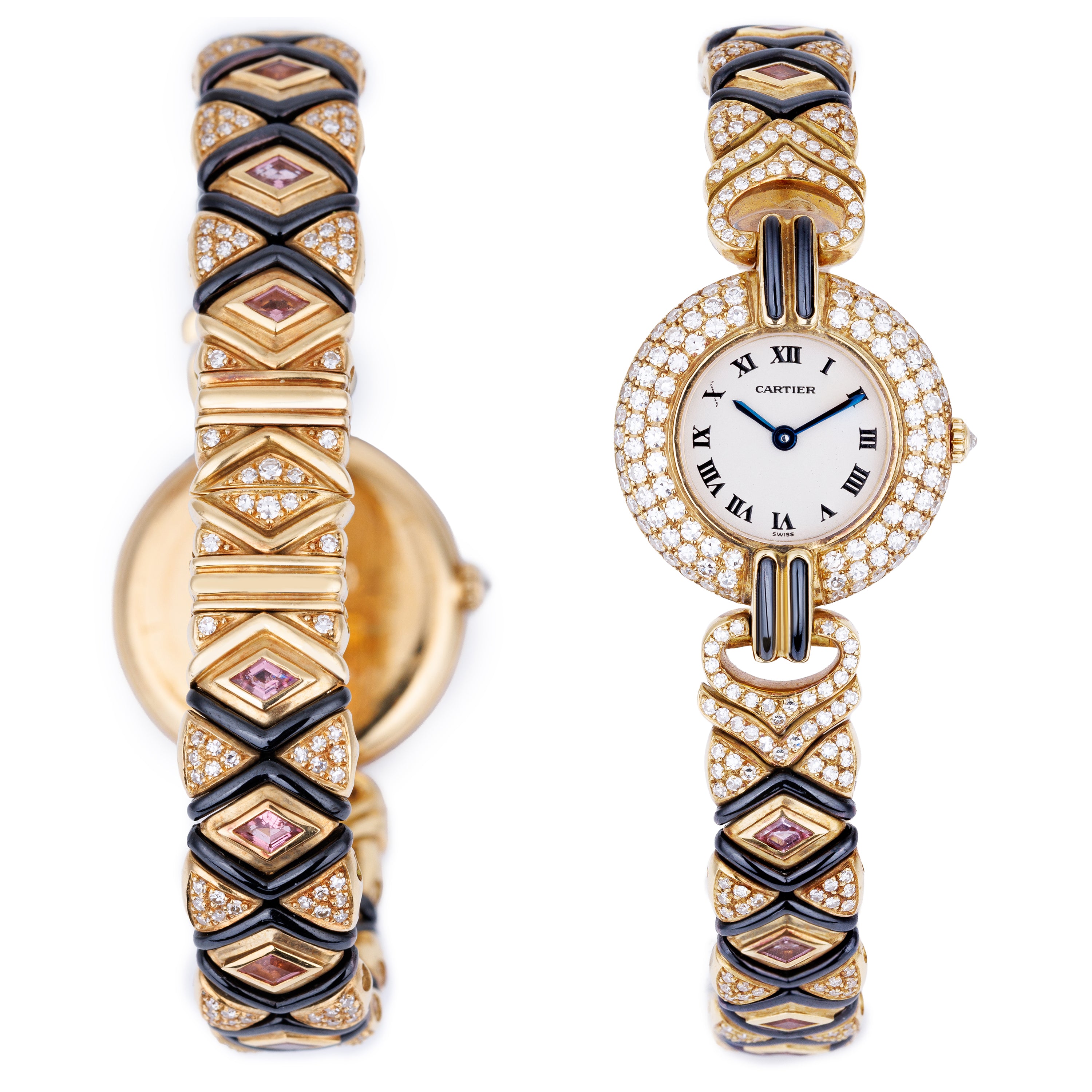 Unworn Cartier Colisee | REF. 881092 | Pave Diamonds, Tourmaline & Hematite | 24mm | 18k Yellow Gold
