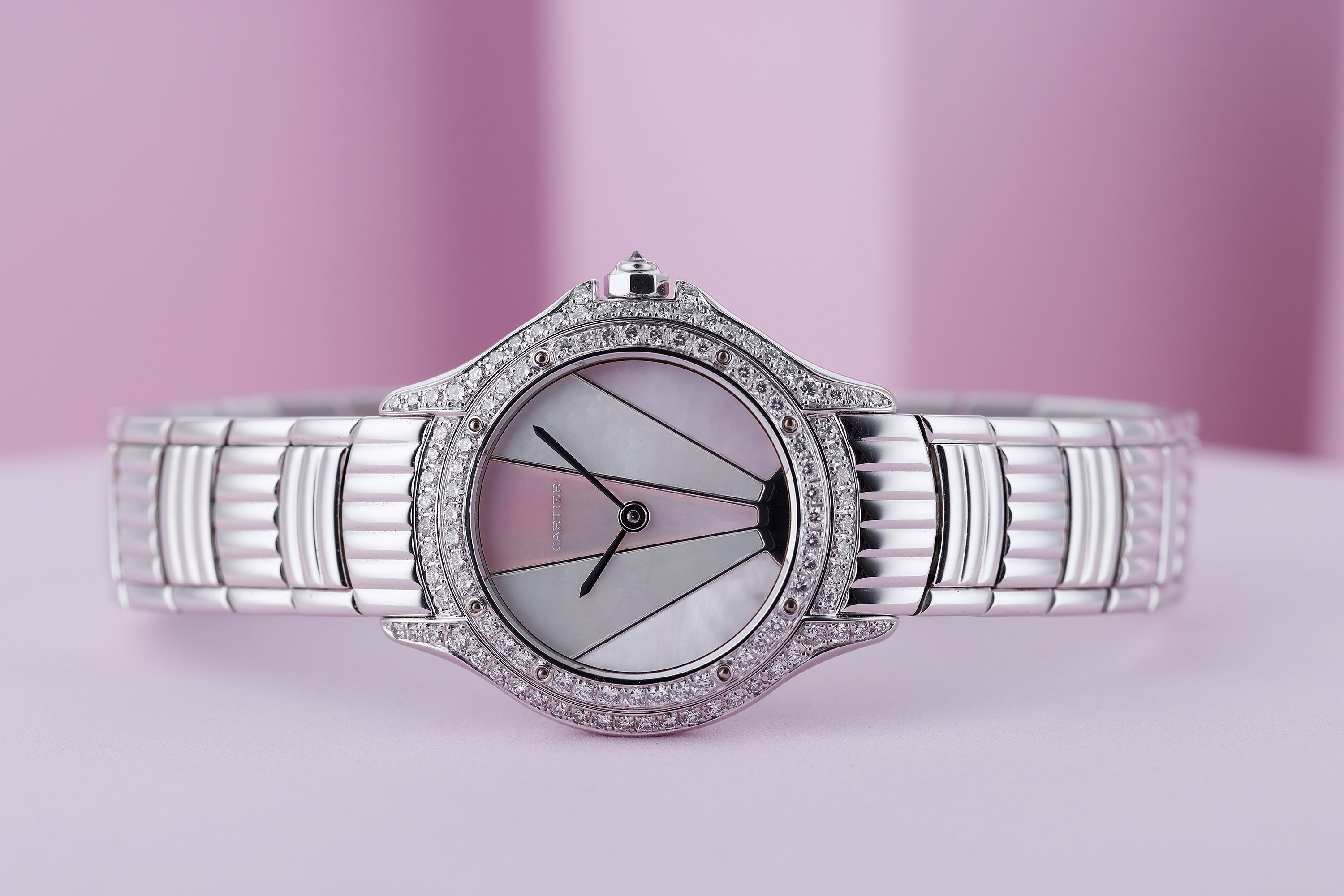 Unworn Cartier Cougar | REF. 387907 | Art Deco Mother of Pearl Dial | Diamond Bezel & Shoulders | 26mm | 18k White Gold | Circa 1990's