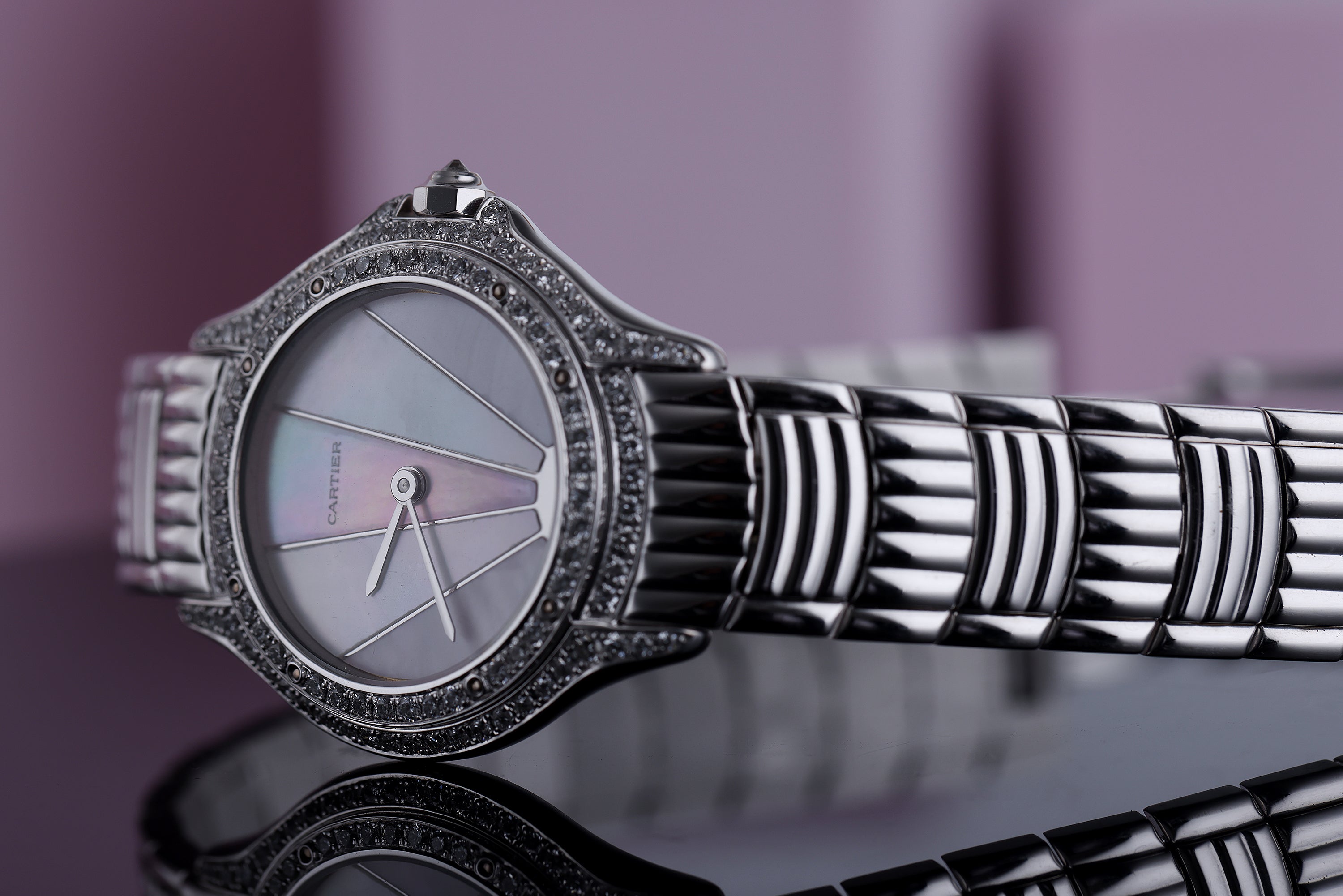 Unworn Cartier Cougar | REF. 387907 | Art Deco Mother of Pearl Dial | Diamond Bezel & Shoulders | 26mm | 18k White Gold | Circa 1990's
