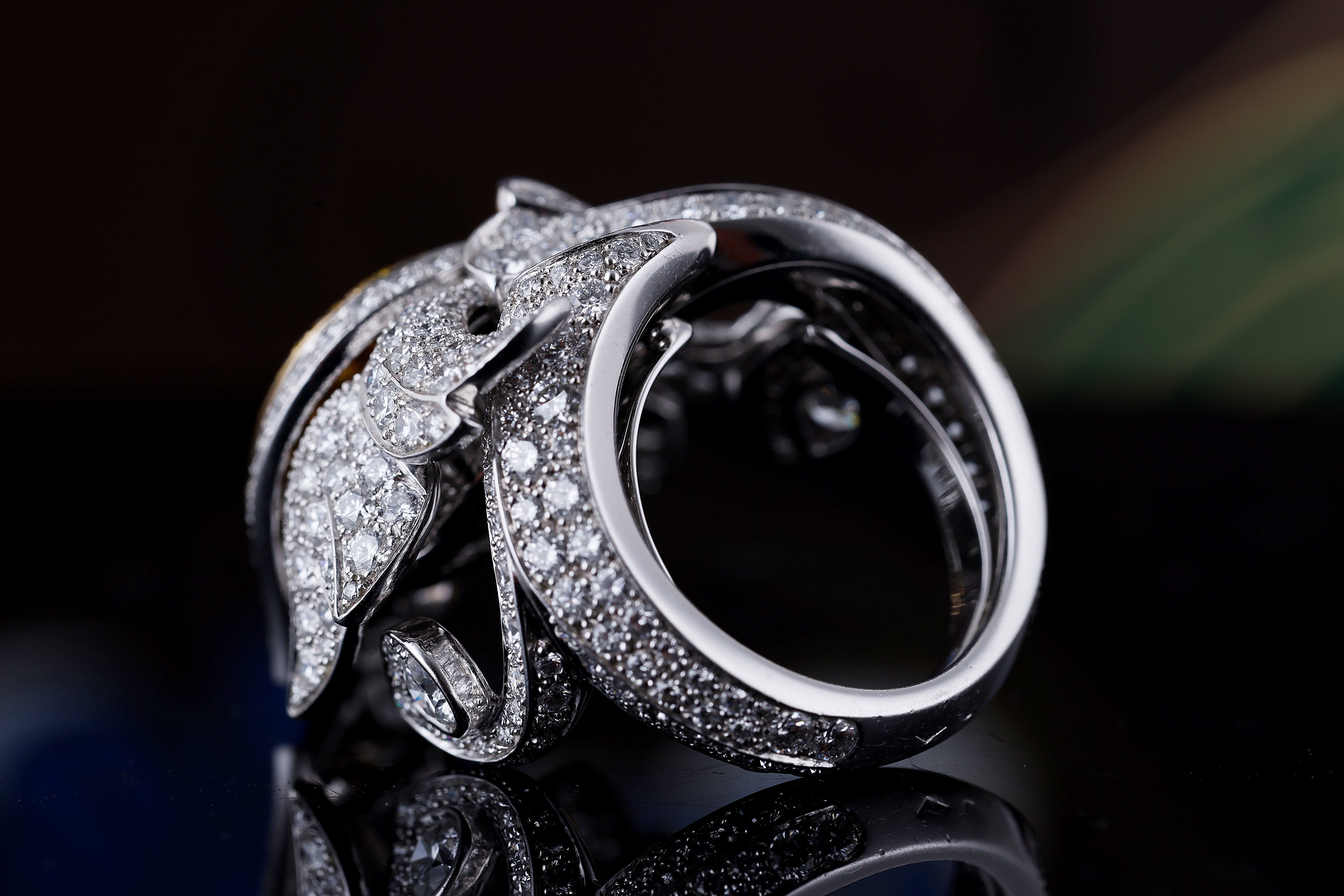 Cartier Platinum Tulip Secret Watch Ring | Pavé Diamonds & Yellow Diamonds | Piece Unique 1 of 1