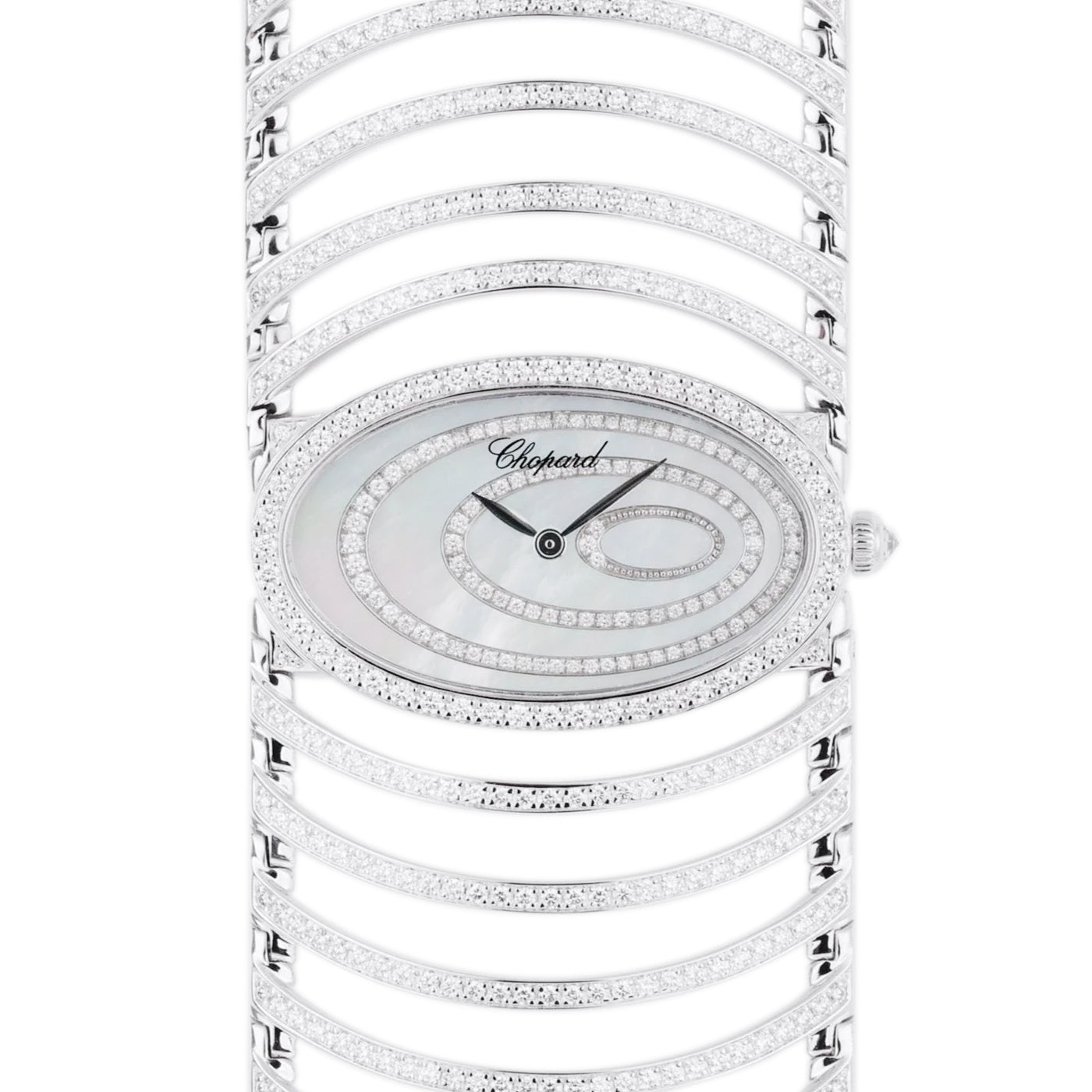 Chopard Bangle Watch | REF. 109171-1001 | Mother of Pearl Diamond Dial | 18k White Gold | Pave Diamond Bezel & Bracelet | 35mm | Chopard Service Papers + 12 Month's Warranty