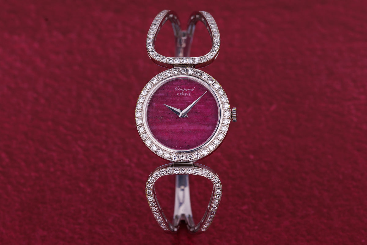 Chopard 1970's Ladies Wristwatch | Pink Rubelite Stone Dial | Pavé Diamonds | 18k White Gold | Manual Wind | 25mm