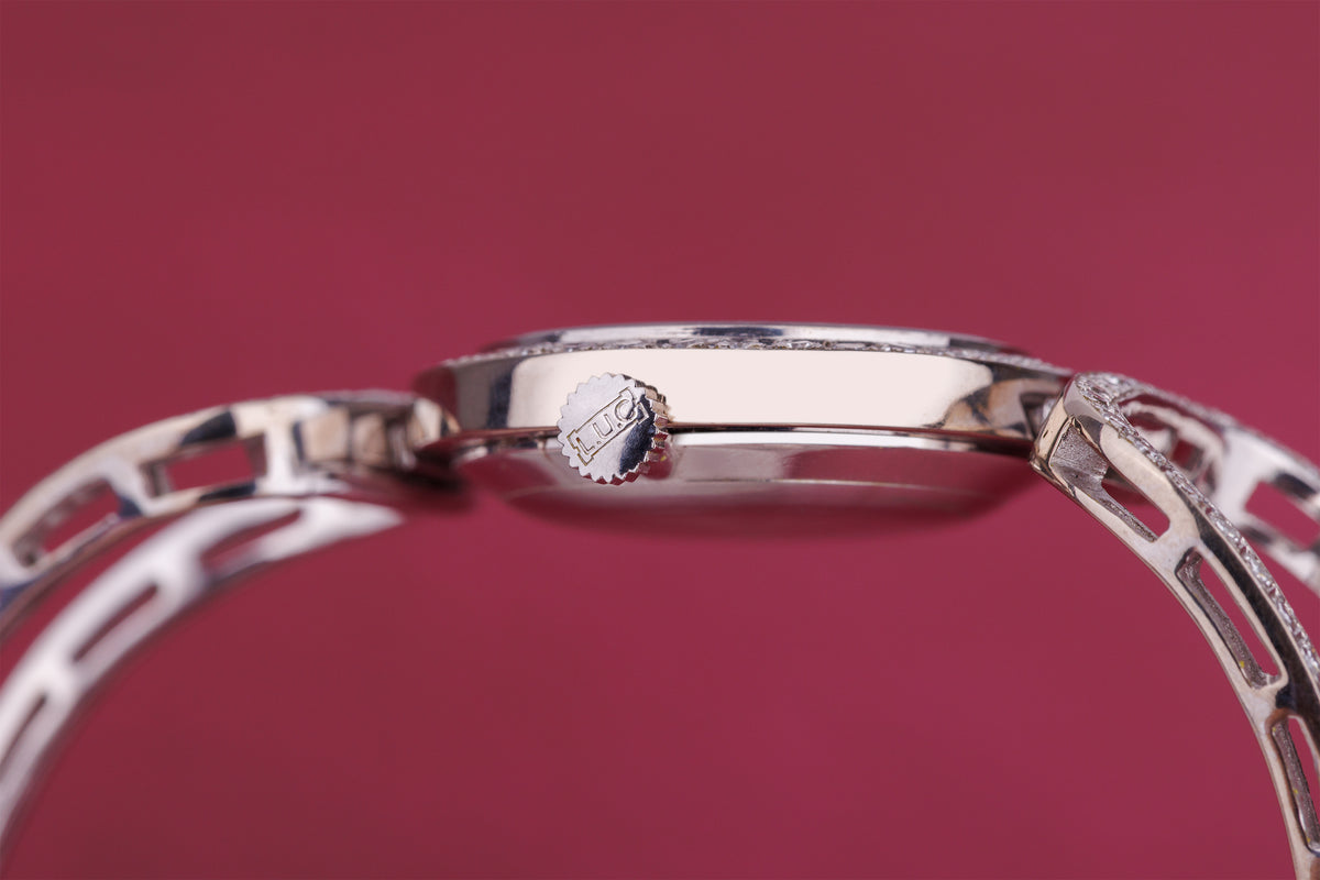 Chopard 1970's Ladies Wristwatch | Pink Rubelite Stone Dial | Pavé Diamonds | 18k White Gold | Manual Wind | 25mm