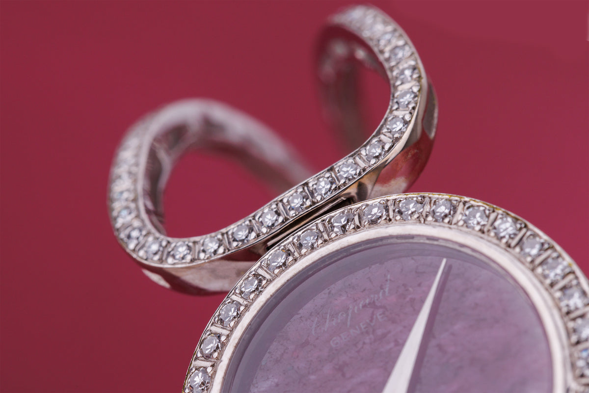 Chopard 1970's Ladies Wristwatch | Pink Rubelite Stone Dial | Pavé Diamonds | 18k White Gold | Manual Wind | 25mm