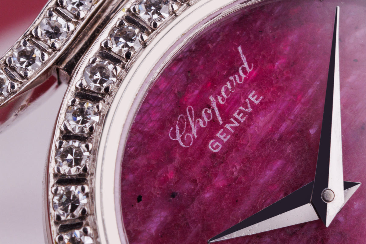 Chopard 1970's Ladies Wristwatch | Pink Rubelite Stone Dial | Pavé Diamonds | 18k White Gold | Manual Wind | 25mm