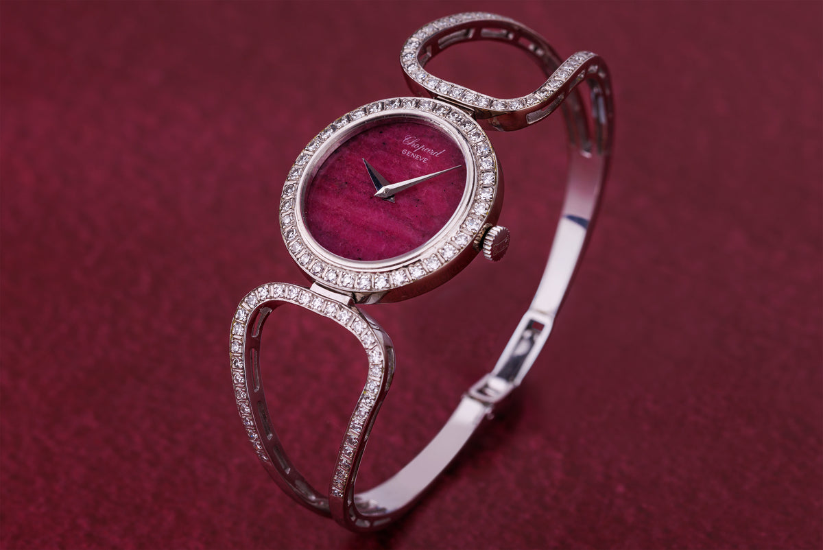 Chopard 1970's Ladies Wristwatch | Pink Rubelite Stone Dial | Pavé Diamonds | 18k White Gold | Manual Wind | 25mm