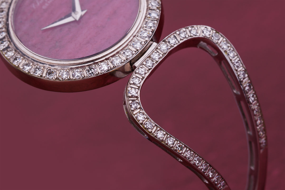 Chopard 1970's Ladies Wristwatch | Pink Rubelite Stone Dial | Pavé Diamonds | 18k White Gold | Manual Wind | 25mm