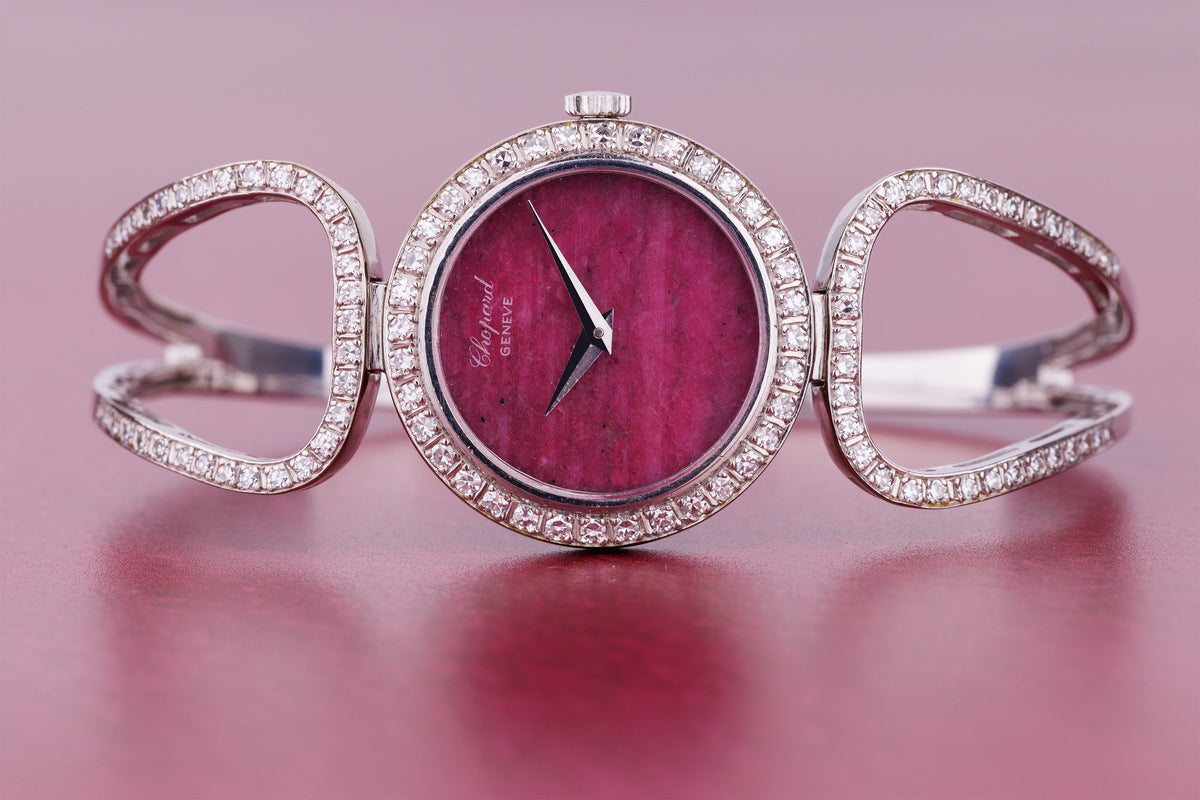 Chopard 1970's Ladies Wristwatch | Pink Rubelite Stone Dial | Pavé Diamonds | 18k White Gold | Manual Wind | 25mm