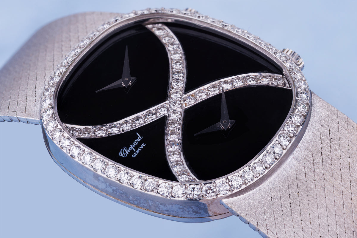Chopard 1970's Wristwatch | REF. 2404 1 | Onyx & Diamonds | Dual Time Zone | 18k White Gold | Manual Wind | 30.5mm