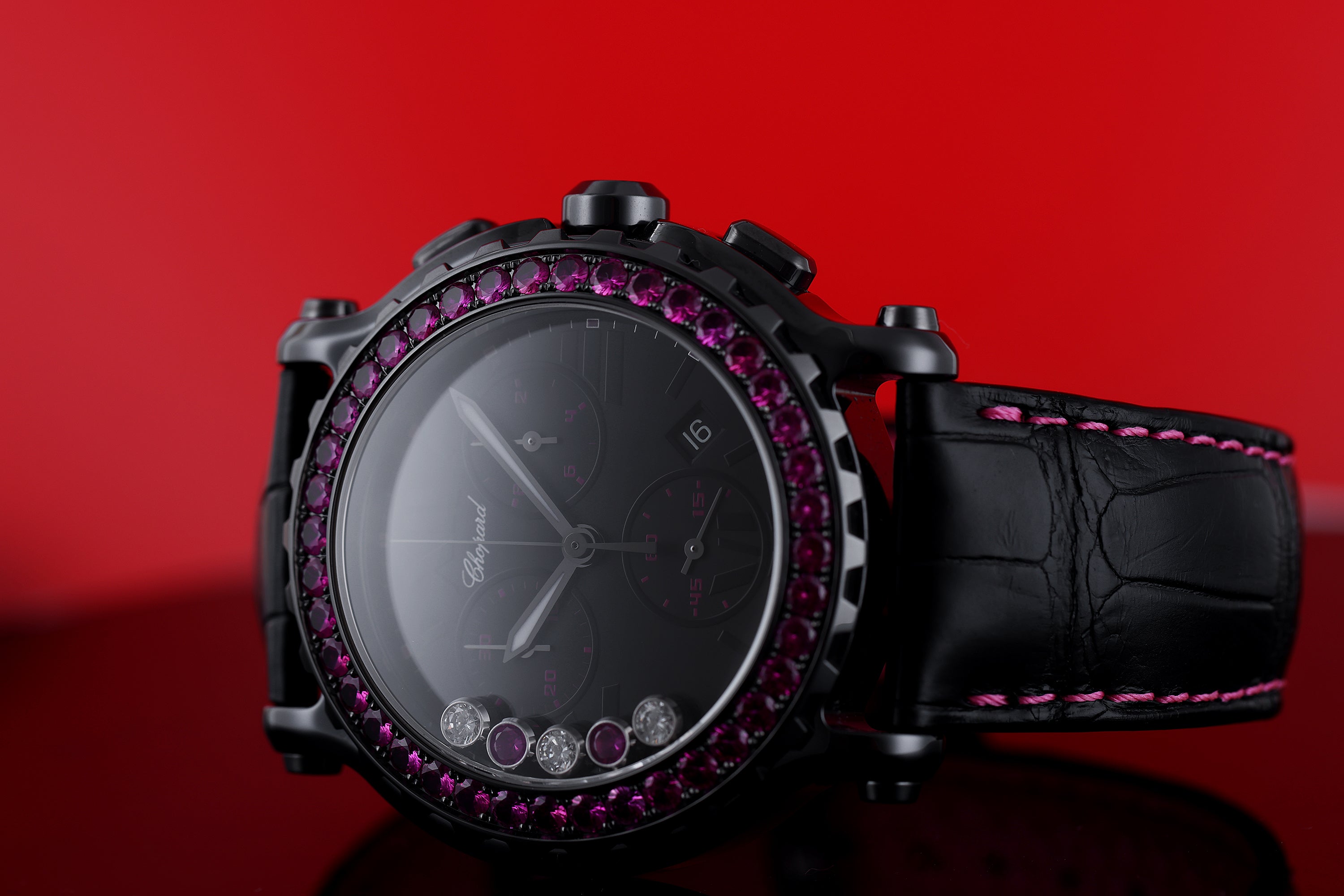 Chopard Happy Sport Chronograph | REF. 8515 | Black Ceramic | Diamonds & Pink Sapphires | 42mm | Quartz | 2000's | Box