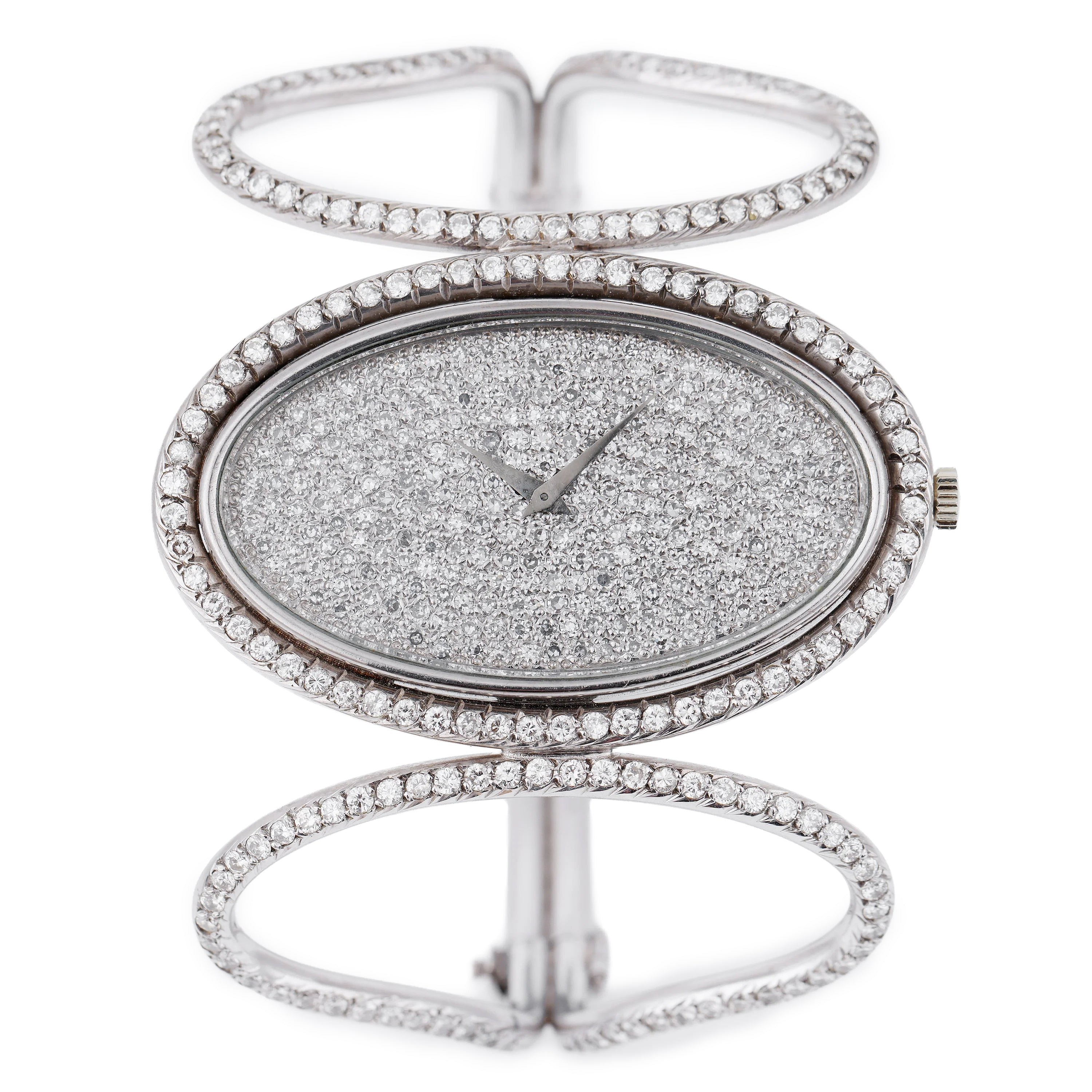 Montre Royale Bracelet Bangle Watch | Pave Diamond Dial | Diamond Bezel & Bangle | Oval Case | 18k White Gold | 48mm | 1970's